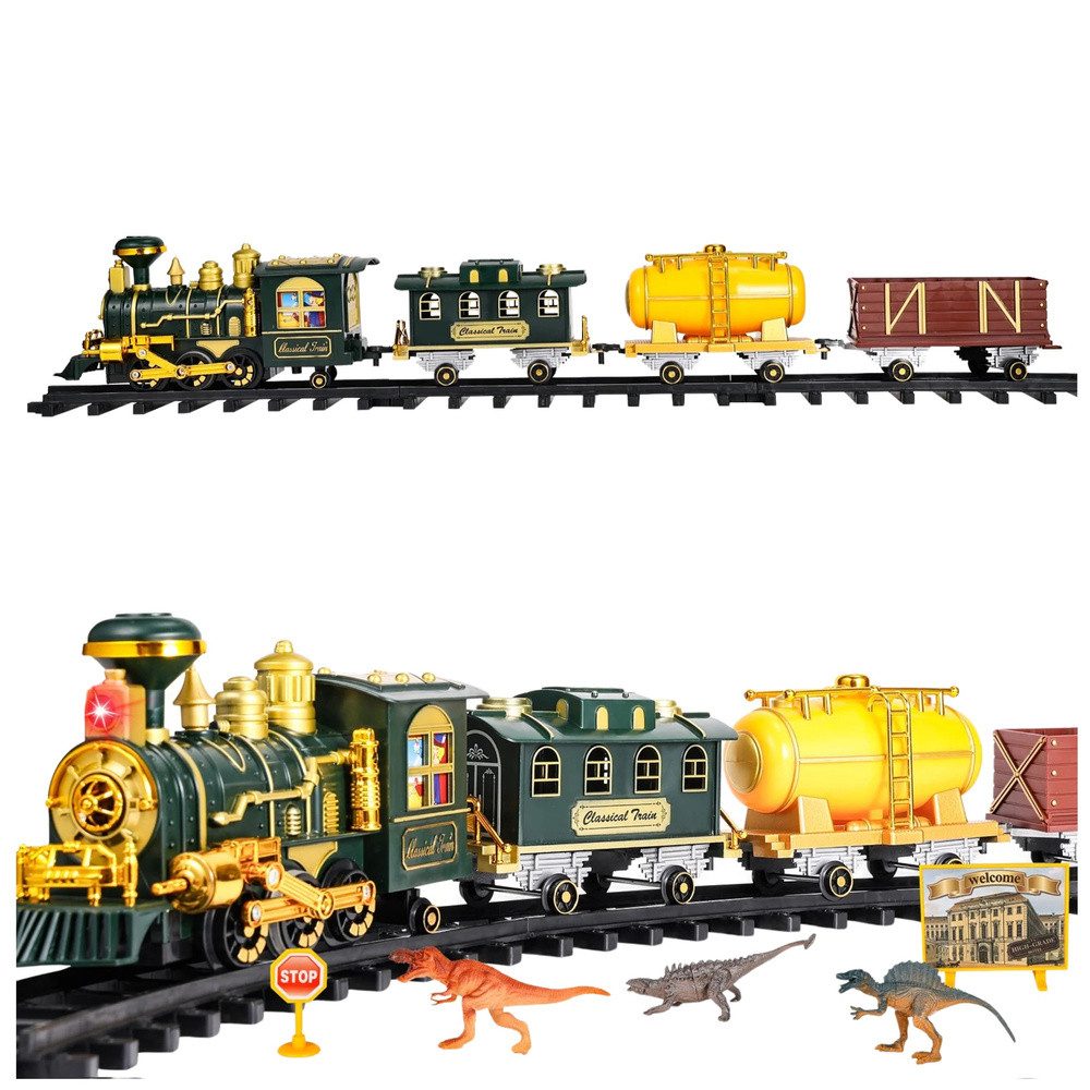 LEAN TOYS Spielzeug-Eisenbahn Eisenbahnset Dampflokomotive Dinosaurierwelt, (Spar-Set, 39-tlg., 207 x 154 cm realistisch), Rauch, Licht, Sound, Funkfernbedienung, Dinosaurier