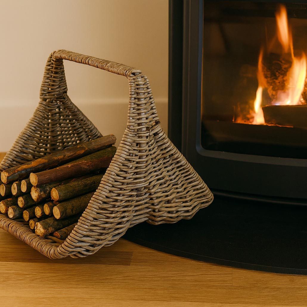 Kobolo Kaminholzkorb Holztrage Rattan kubu grey - mit Leinenstoff