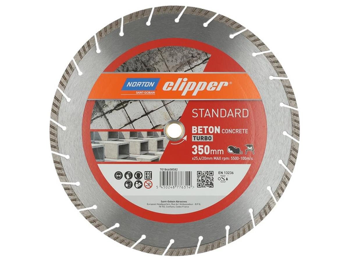 Clipper Trennscheibe Diamant STANDARD BETON TURBO, Ø 350 mm, für Trennschleifer und Tischsägen, in bewährte Norton Clipper Qualität