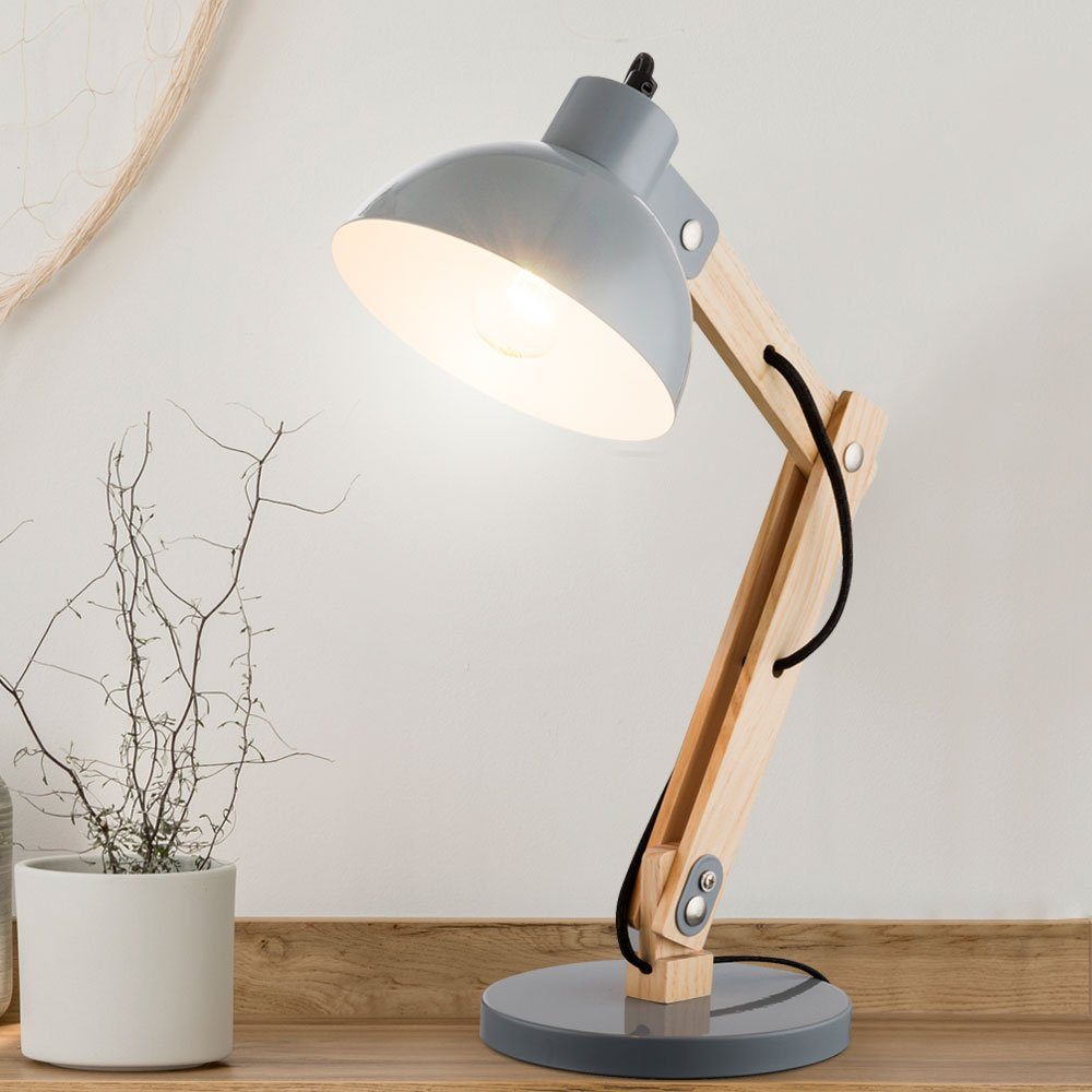 etc-shop LED Schreibtischlampe, Leuchtmittel nicht inklusive, Schreib Tisch Lampe Leuchte Holz Metall Grau Kabel 1,5 m Schlaf Zimmer | Tischlampen