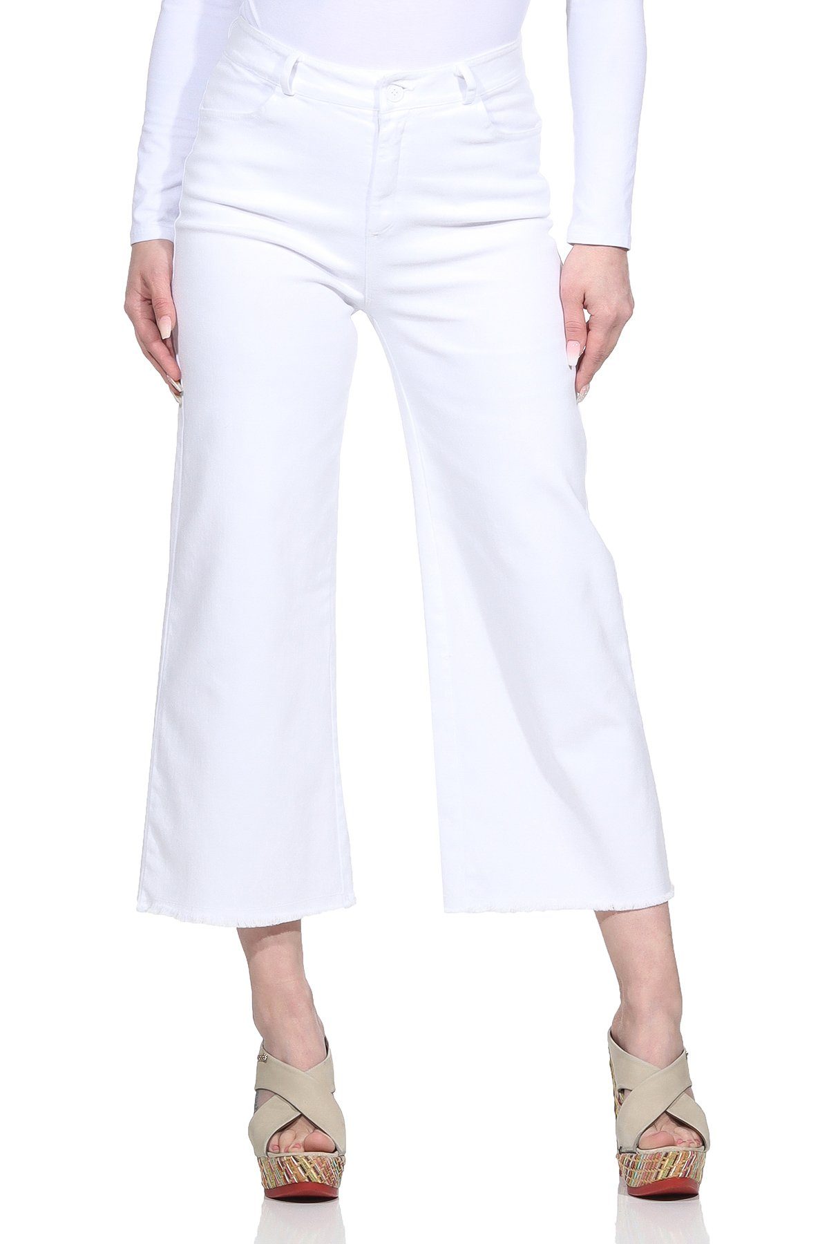 Aurela Damenmode Weite Jeans Wide Leg Jeans Culotte für Damen knöchelfrei, mit Gürtelschlaufen, 100% Baumwolle Weiß