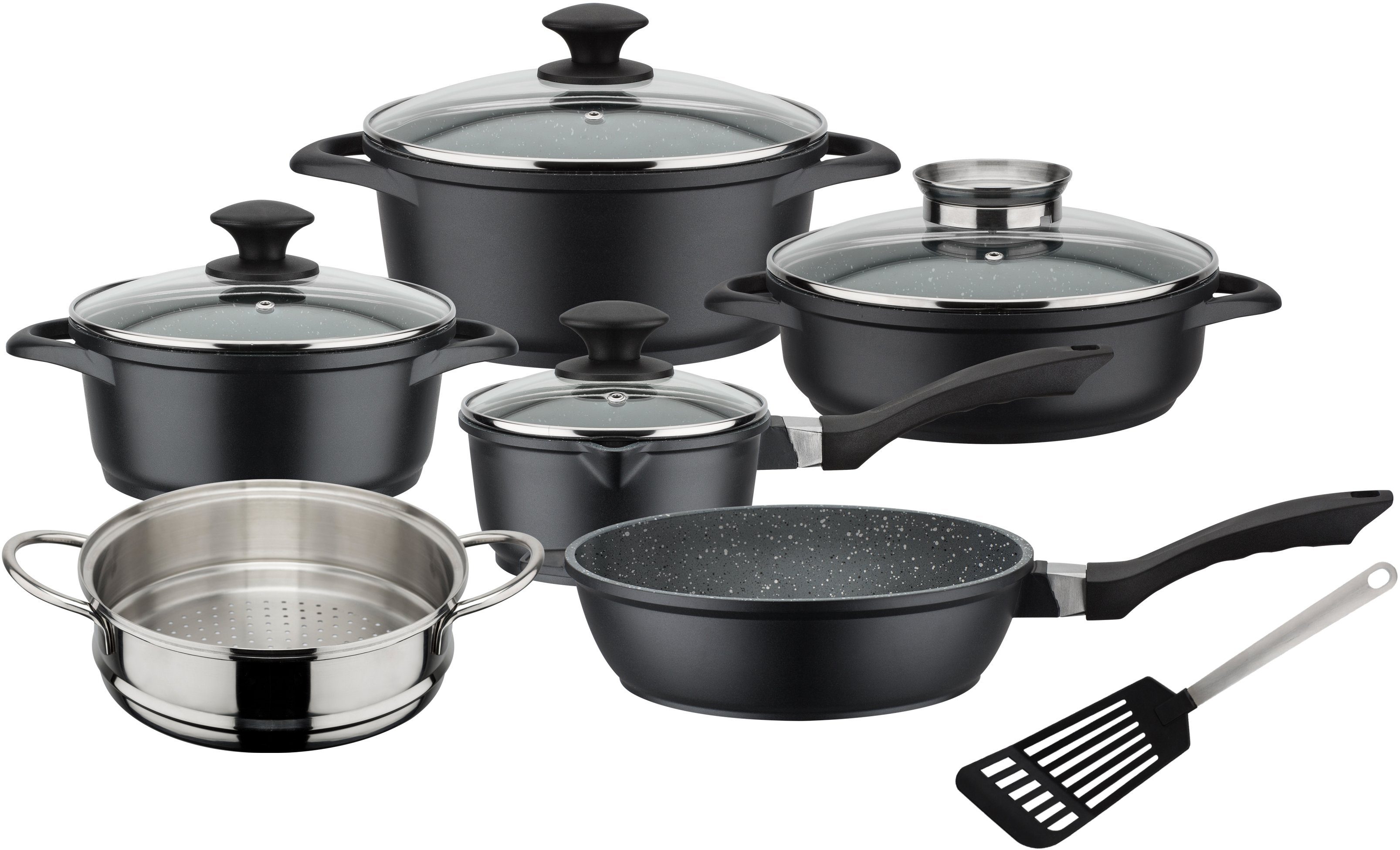 GSW Topf-Set Gourmet Granit, Aluminiumguss (Set, 11-tlg., Kochtopf 20/24, Stieltopf 16, 2 Pfannen 24cm, 1 Dämpfer, Pfannenwender), Induktion