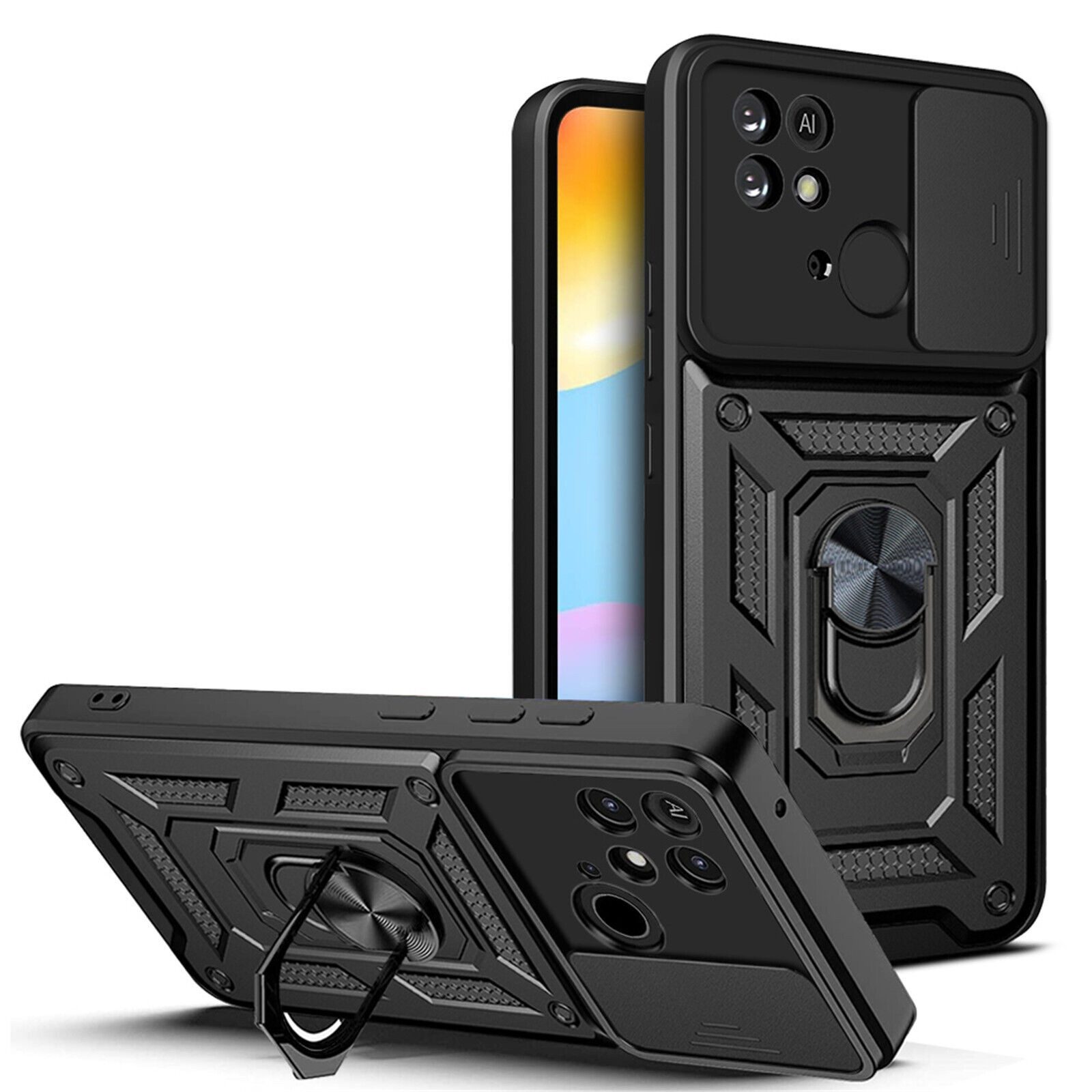 betterfon Smartphone-Hülle für Xiaomi Redmi 10C Panzerhülle mit Kameraschutz & Ringhalter Schwarz