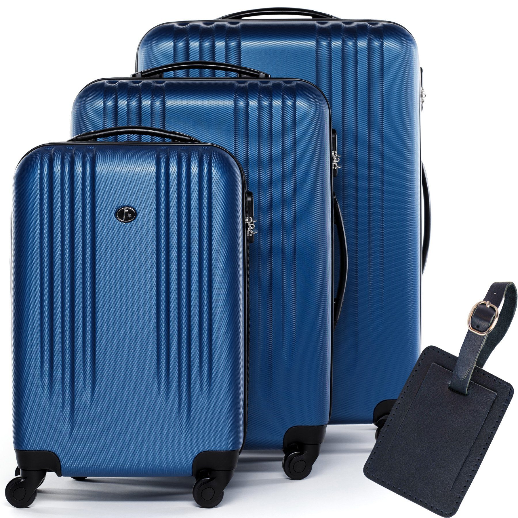 FERGÉ Kofferset 3 teilig Hartschale + 1x Lederanhänger Marseille, 4 Rollen Rollen, (3 tlg), Trolley 3er Koffer Set 4 Rollen, Premium Rollkoffer ABS Reisekoffer