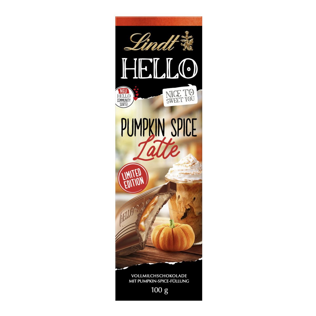 LINDT Schokolade, Lindt Hello Tafel Pumkin Spice Latte gefüllte Vollmilchschokolade 100g