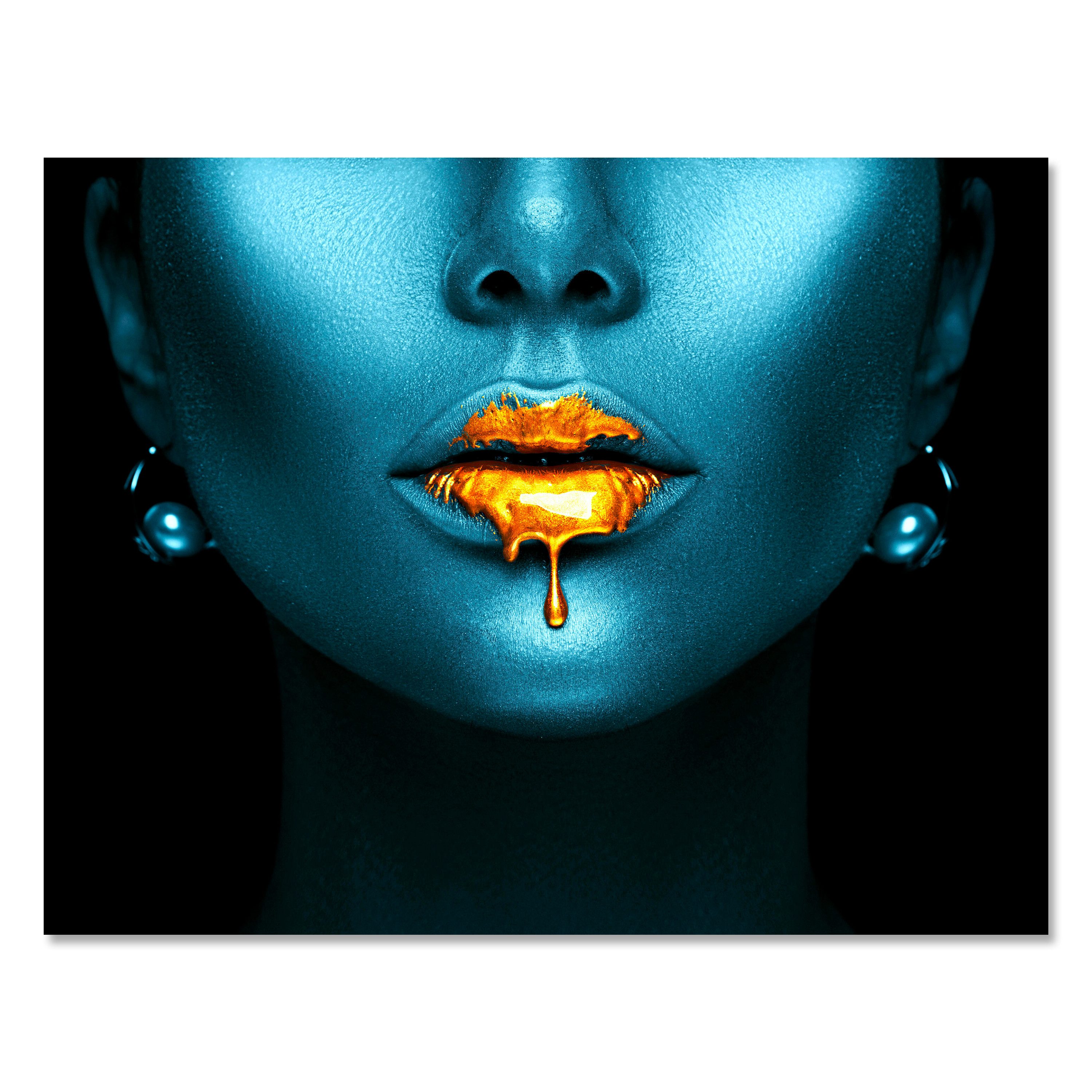 wandmotiv24 Leinwandbild Gold collection, Querformat, Frau in Blau, goldene Lippen, Gold collection (1 St), Wandbild, Wanddeko, Leinwandbilder in versch. Größen