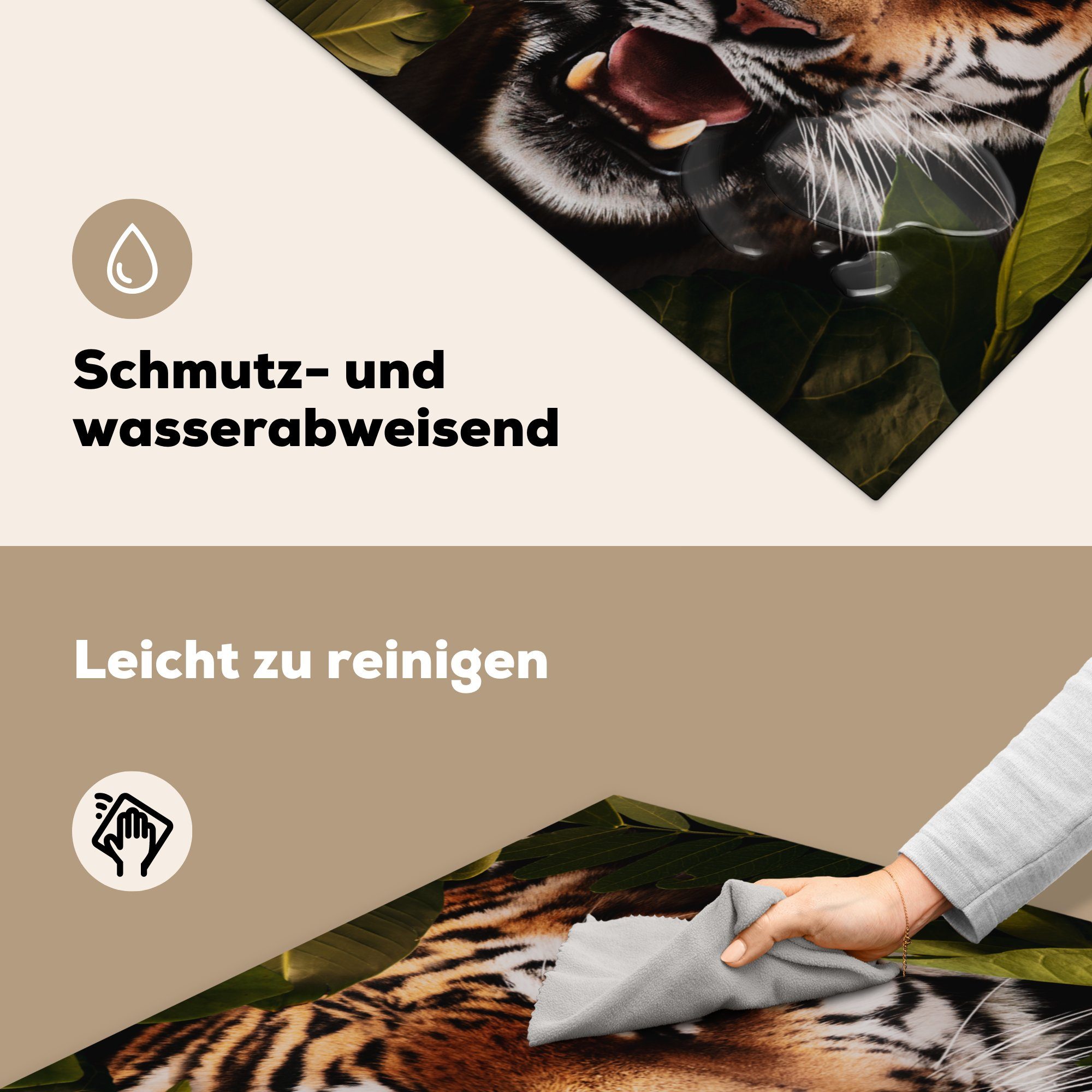 für Ceranfeldabdeckung, cm, Arbeitsplatte Tiger (1 78x78 tlg), Herdblende-/Abdeckplatte Tiere, MuchoWow - küche Blätter Vinyl, -