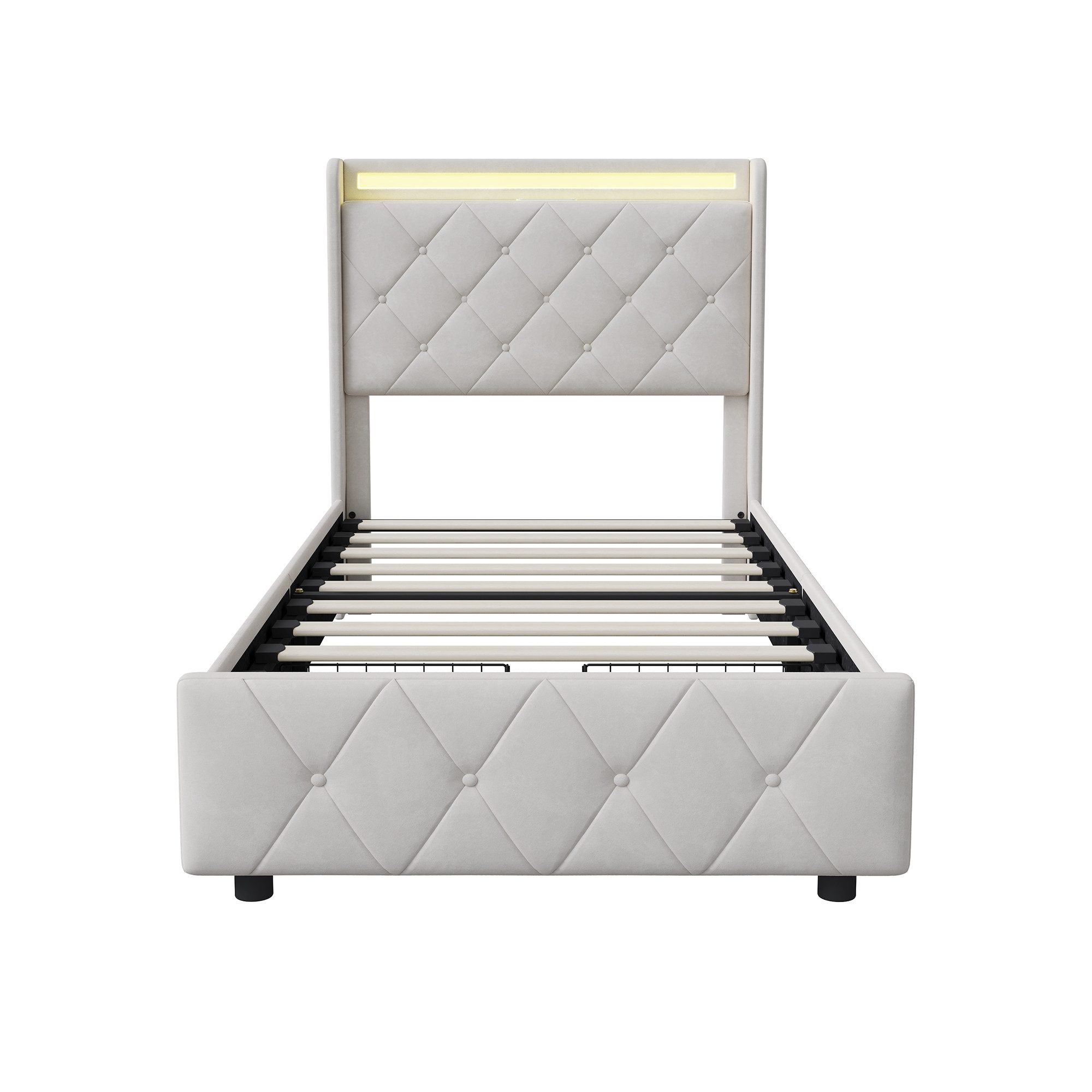 Furnishings Home Stauraumbett Polsterbett LED 90x200cm, Doppelbett (1-tlg., Modernes Jugendbett, Leises Design Bett, Samtmaterial Polsterbett), Mit LED-Beleuchtung und Ladefunktion, Belastbarkeit 300 kg