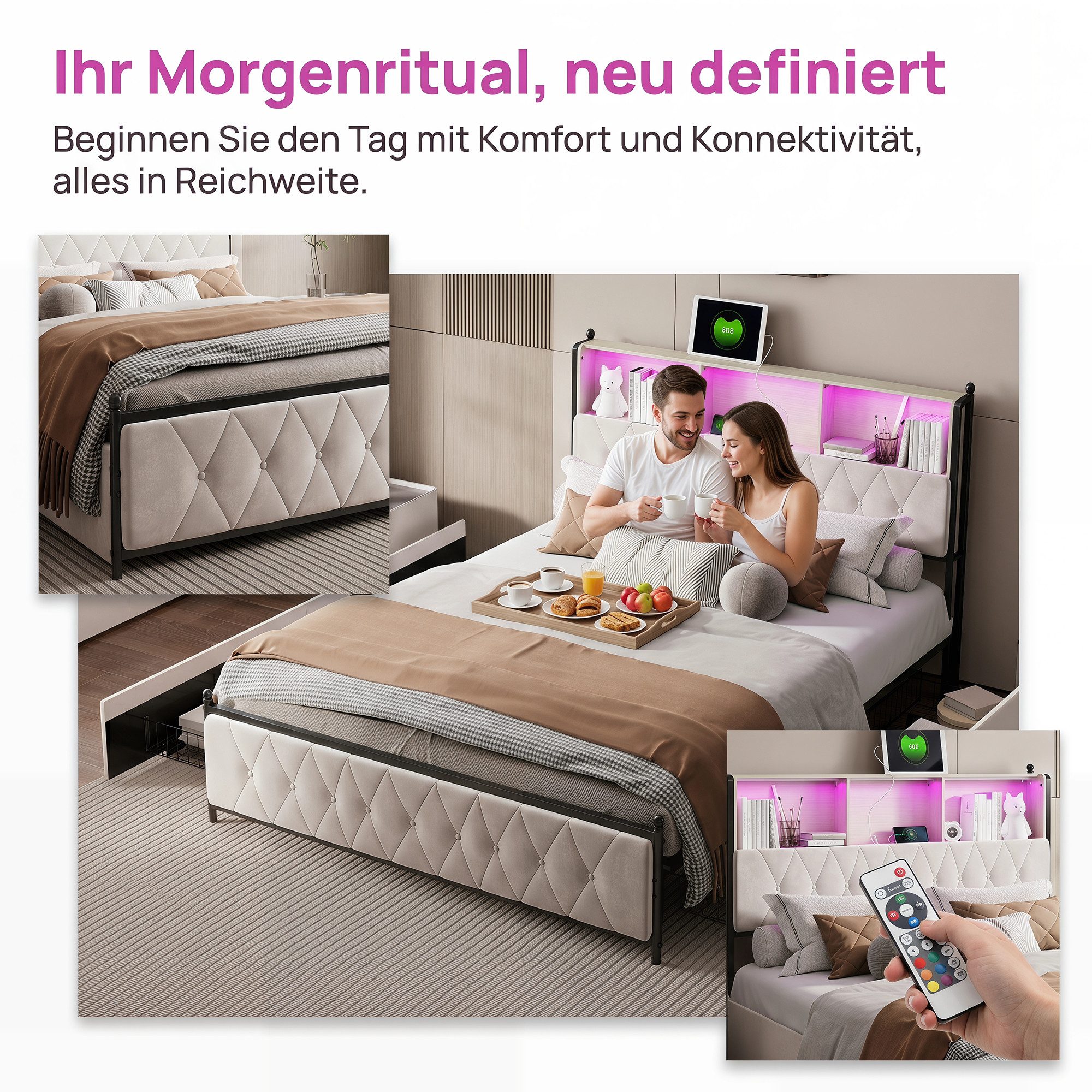 zebery Stauraumbett Polsterbett Doppelbett Mit 4 Schubladen (Packung, 1-tlg), 160x200 cm,LED-Leuchten,USB + Typ-C,Samtstoff,Beige