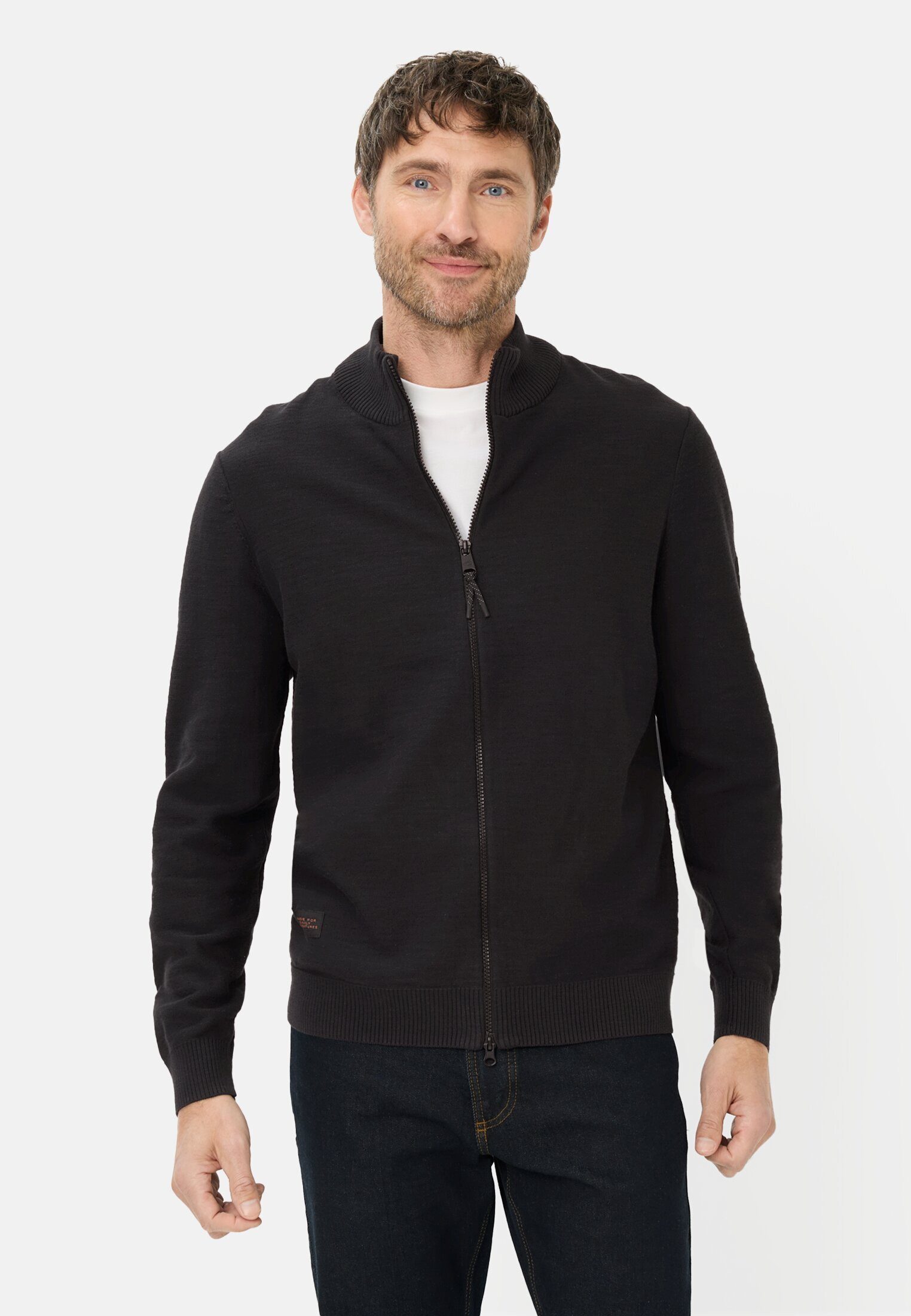 camel active Strickjacke aus reiner Baumwolle Langarm Stehkragen