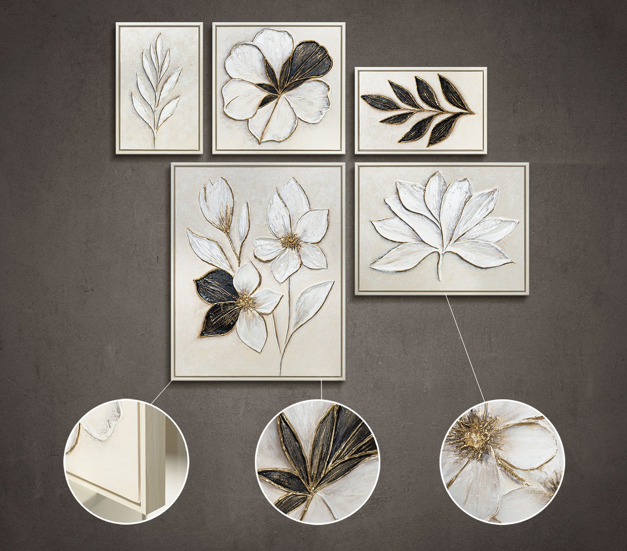 YS-Art Gemälde "Zarte Kontraste", Blumen (Set, 5 St), Wandbilder Set Modern Schwarz Weiß – Bilder Set mit Rahmen