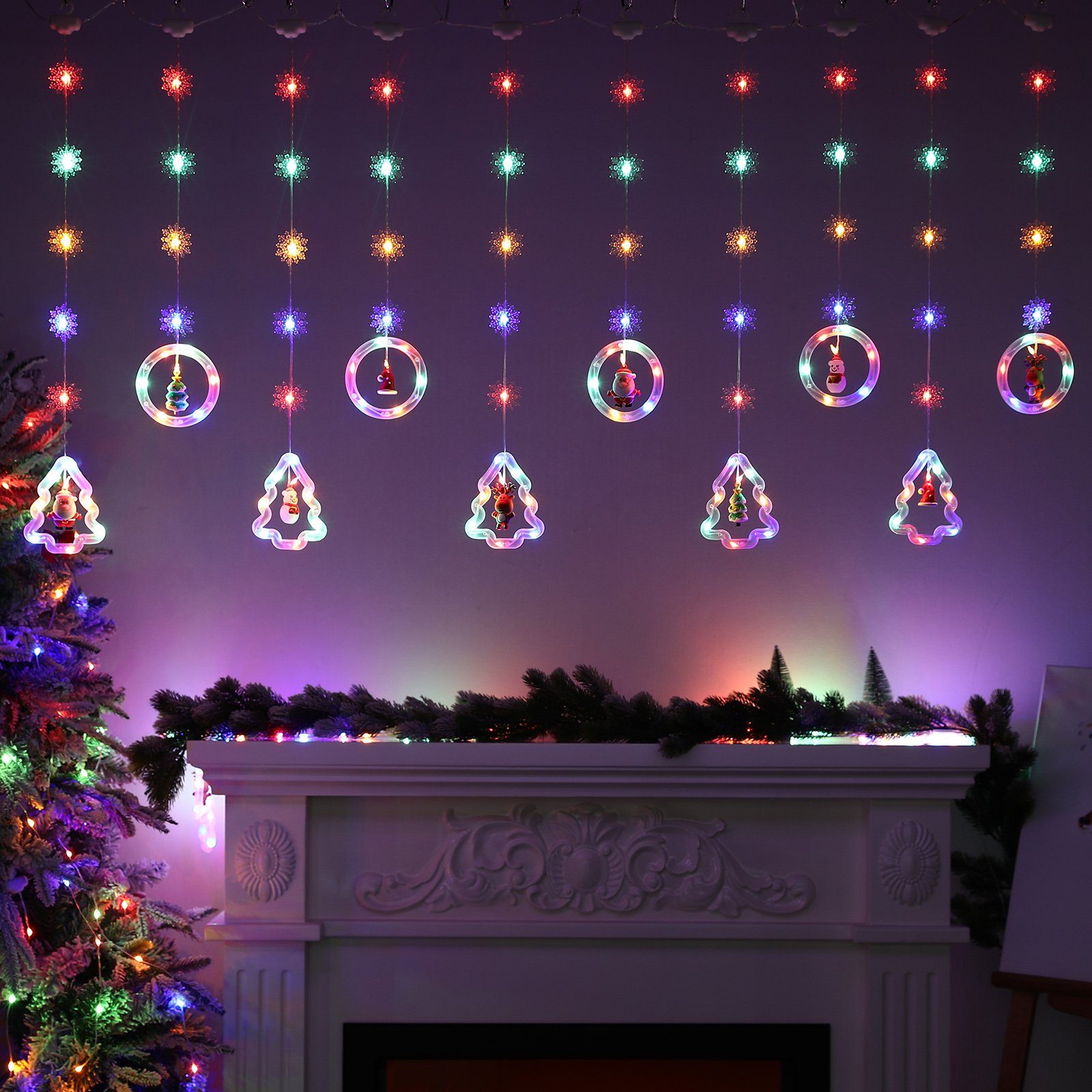 8 Fenster Party Xmas LED Fernsteuerung mit LED-Lichterkette Sterne Timer Sunicol Lichterketten USB/Batterie Schneeflocken Weihnachtsdeko, RGB Modi, Lichtervorhang, Weihnachtsbaum 3M
