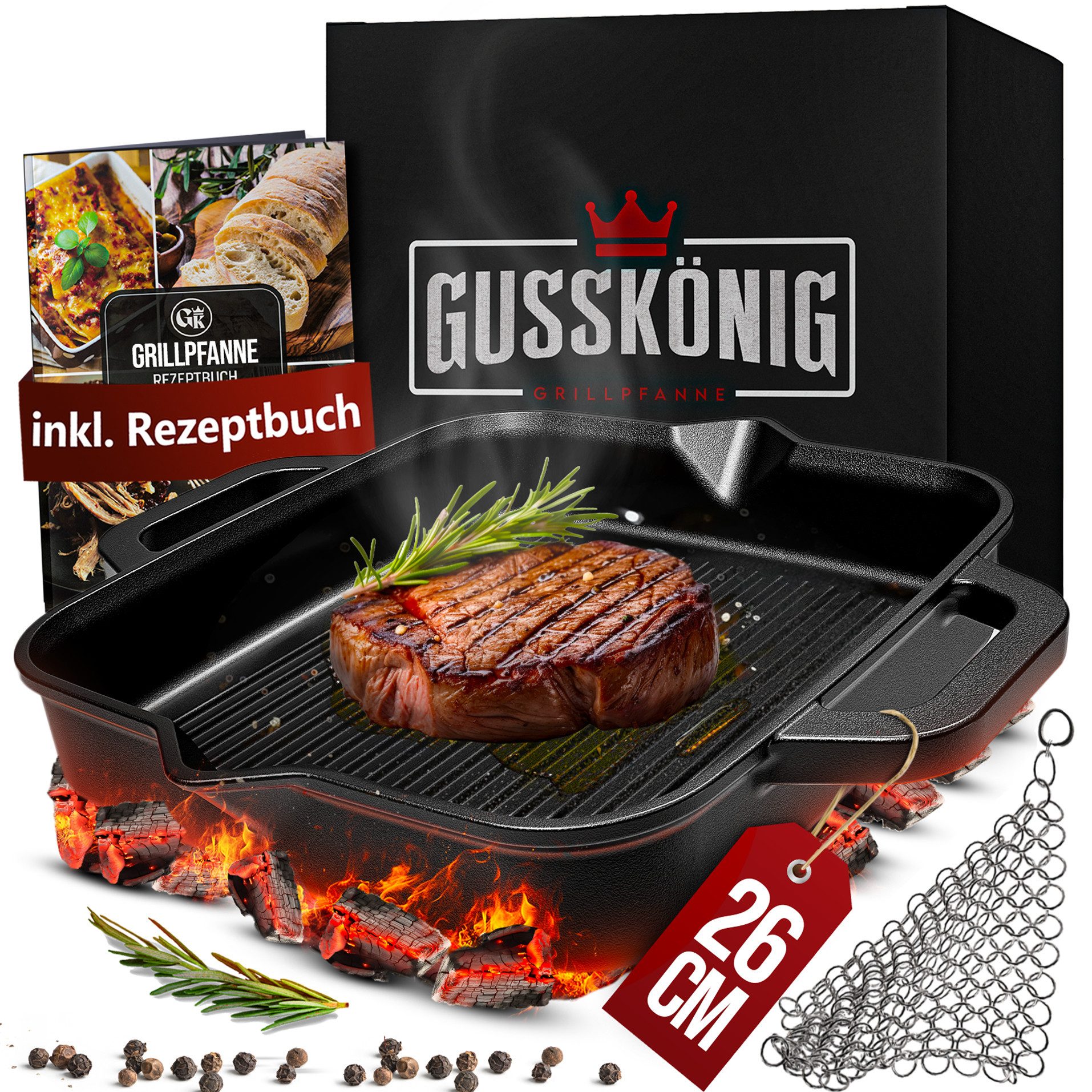 Grillpfanne Gusseisen Grillpfanne 26,30cm Gusseisen Pfanne für alle Hitzearten