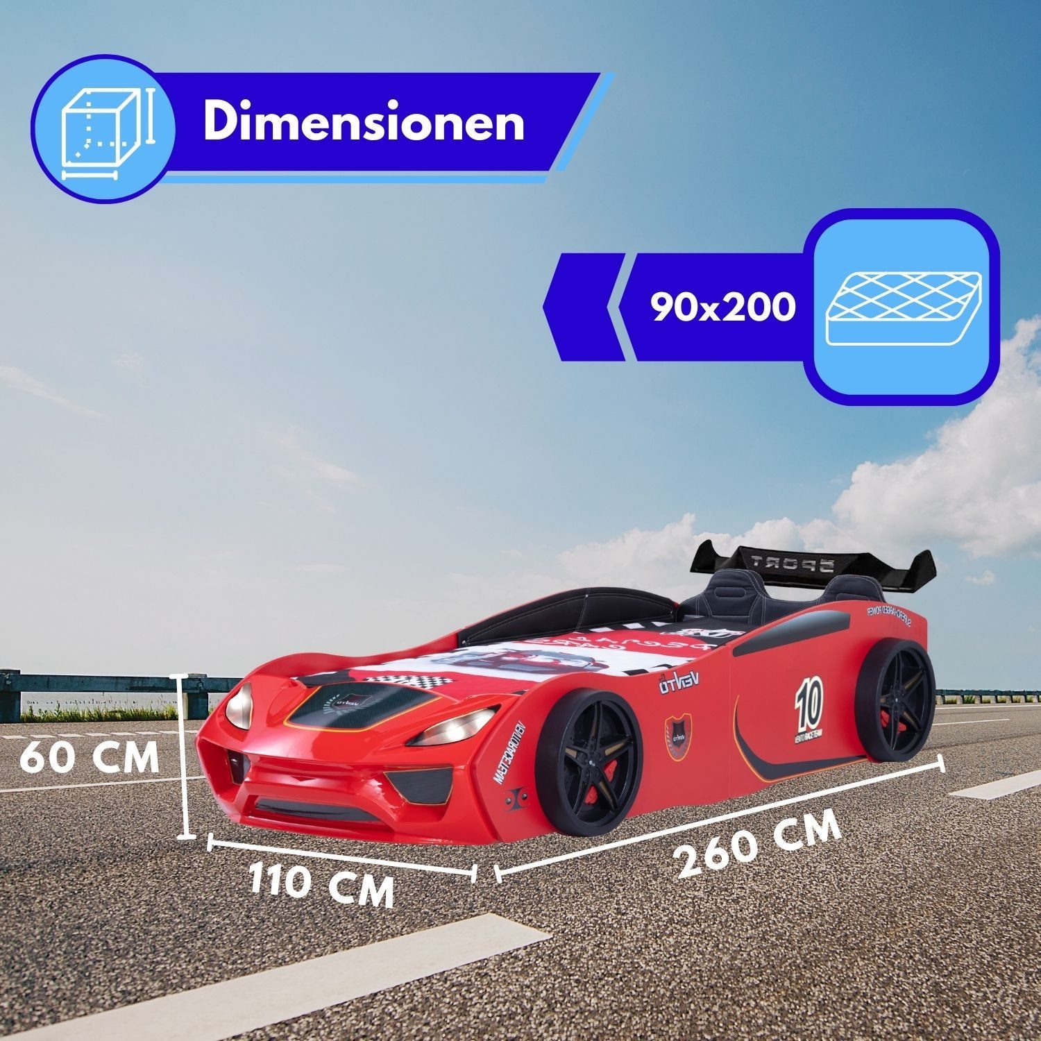 Coemo Autobett VENTO SPORT (Komplett-Set Bett und Lattenrost), Rot Autobett Rennwagen Holz MDF Kinderbett mit Lattenrost + Polster