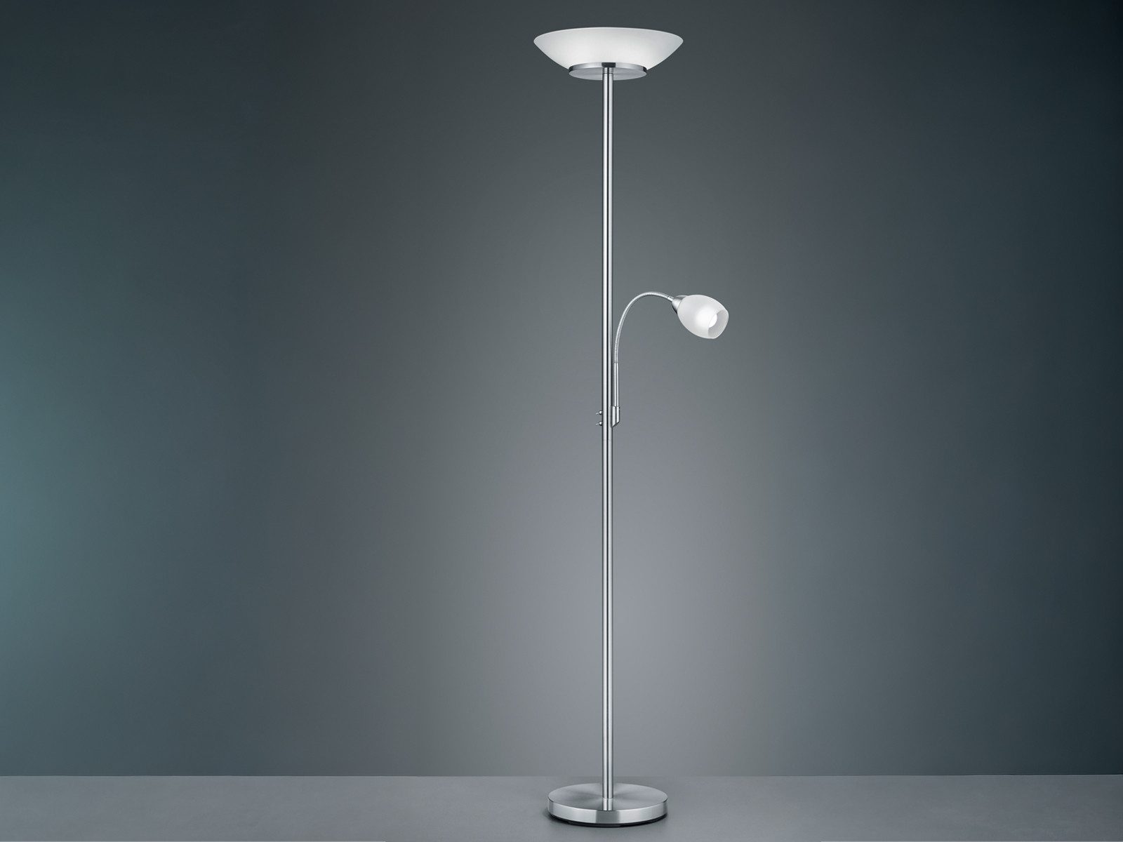 Reality Leuchten LED Deckenfluter, Lesearm, LED wechselbar, Warmweiß, groß 180cm, mit Flex Leselampe, Steh-Lampe Silber Lampenschirm-e Glas