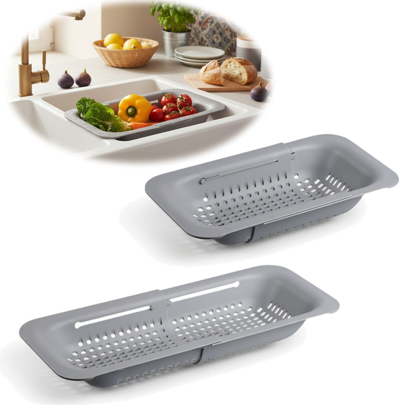 LS-LebenStil Küchensieb Abtropfsieb Ausziehbar Spülbeckensieb Organizer für Spülbecken, Kunststoff, (Siebkorb für Obst, Gemüse, Nudeln - Abtrogfestell für Geschirr, 1-St., Lebensmittelecht, BPA-frei, flexibler Abtropfkorb, Nudelsieb, Seiher), Abflusssieb - Schwammhalter für Waschbecken