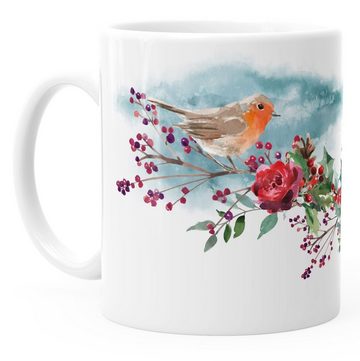 Autiga Tasse Kaffee-Tasse Vogel Rotkehlchen Blumen Misteln Watercolor Bird Weihnachten Christmas Autiga®, Keramik