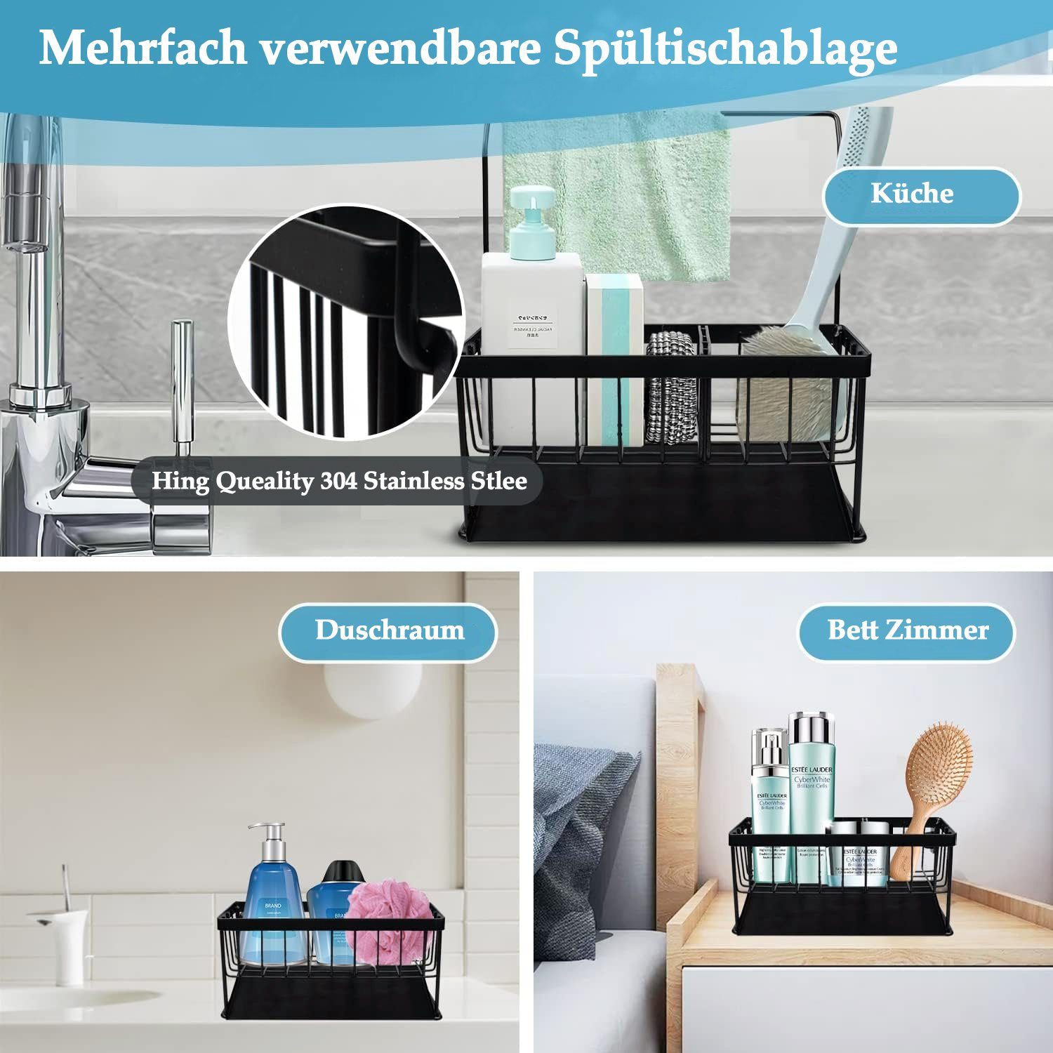Edelstahl 304 Schwammhalter, NUODWELL für multifunktional Küchenspüle Küchenorganizer-Set Schwarz