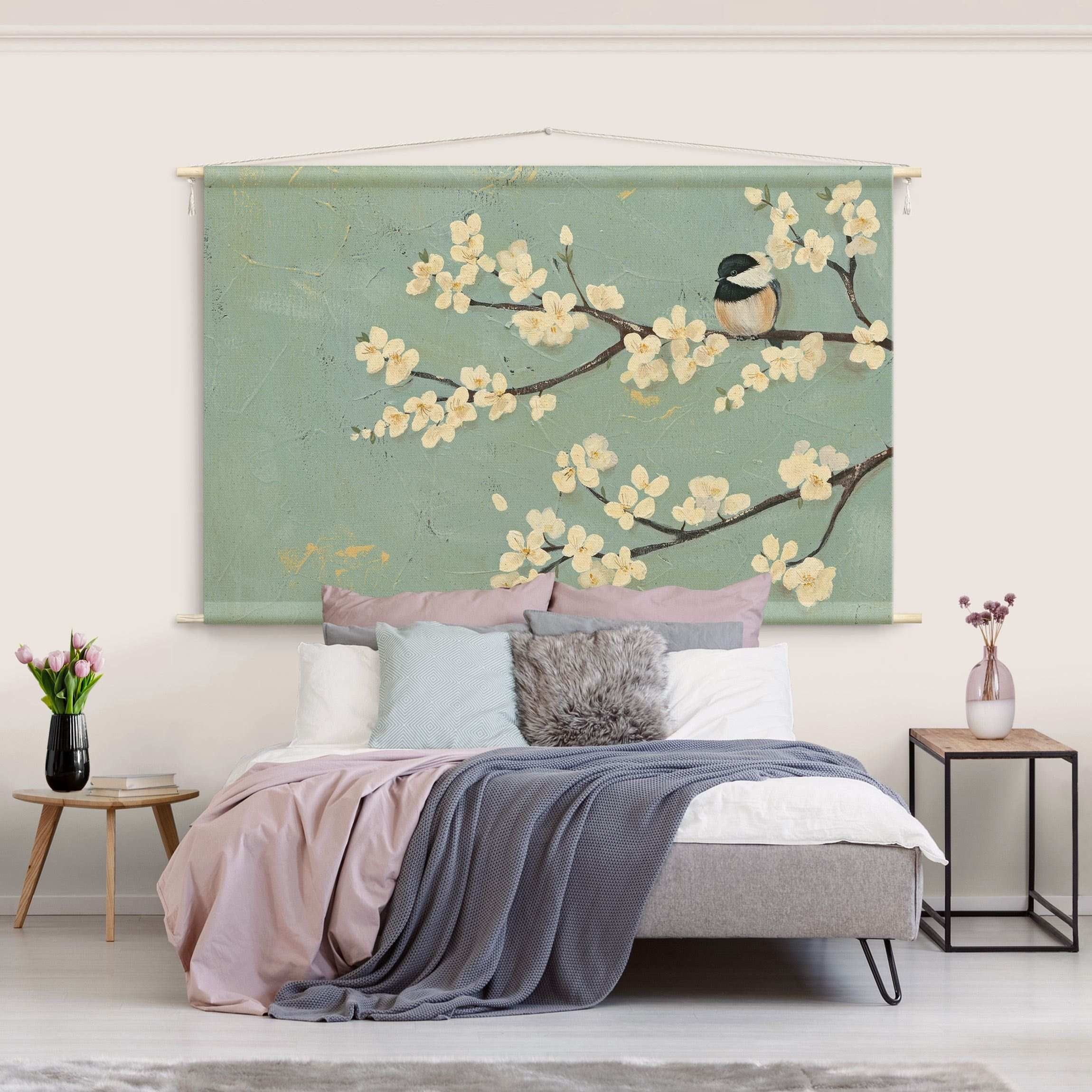 Bilderdepot24 Wandteppich modern Blumen Kirschblüte Landhaus Tiere Vögel grün, rechteckig, Höhe: 2.6 mm, großes Wandbild aus Natur-Baumwolle Wandbehang Stoffbild Tuch Wollseil