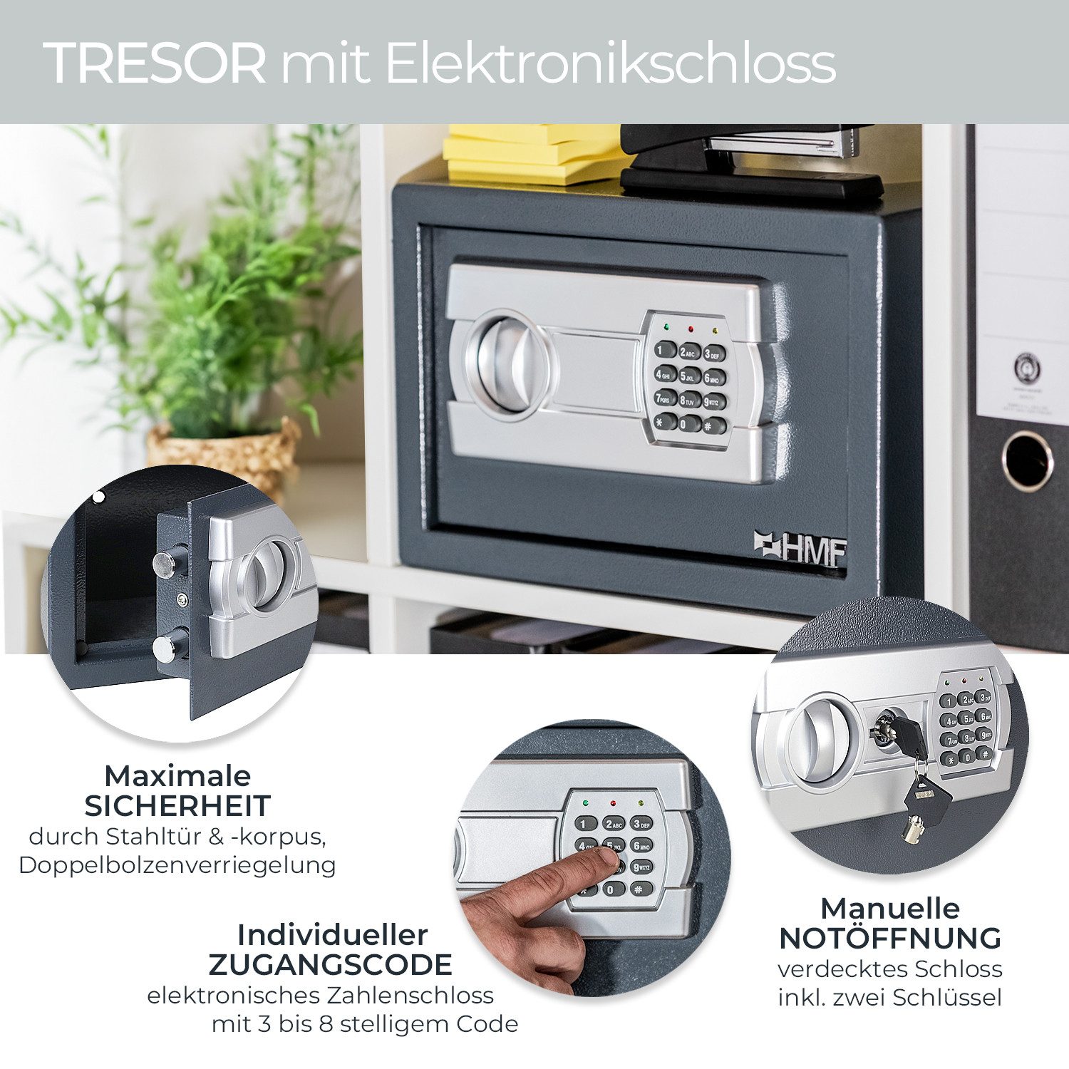 HMF Möbeltresor Safe Tresor für Zuhause Hotel oder Büro Möbeltresor mit Zahlenschloss, für DIN A5 Dokumente, 31 x 20 x 20 cm, Anthrazit