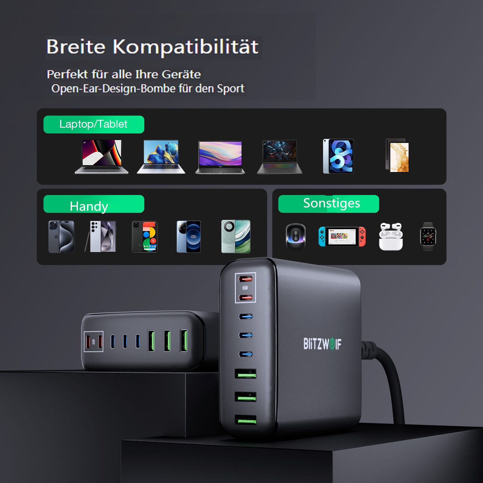 BLiTZWOLF 250W 8-Port GaN USB-Ladegerät (5x USB-C PD + 3x USB-A Schnellladegerät, Smartphone Laptop Ladegerät, Desktop-Ladestation)