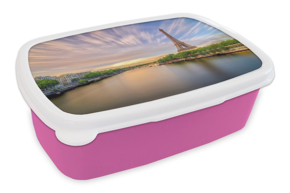 MuchoWow Lunchbox Farbenprächtige Wolken und der Eiffelturm in der Ferne, Kunststoff, (2-tlg), Brotbox für Erwachsene, Brotdose Kinder, Snackbox, Mädchen, Kunststoff rosa