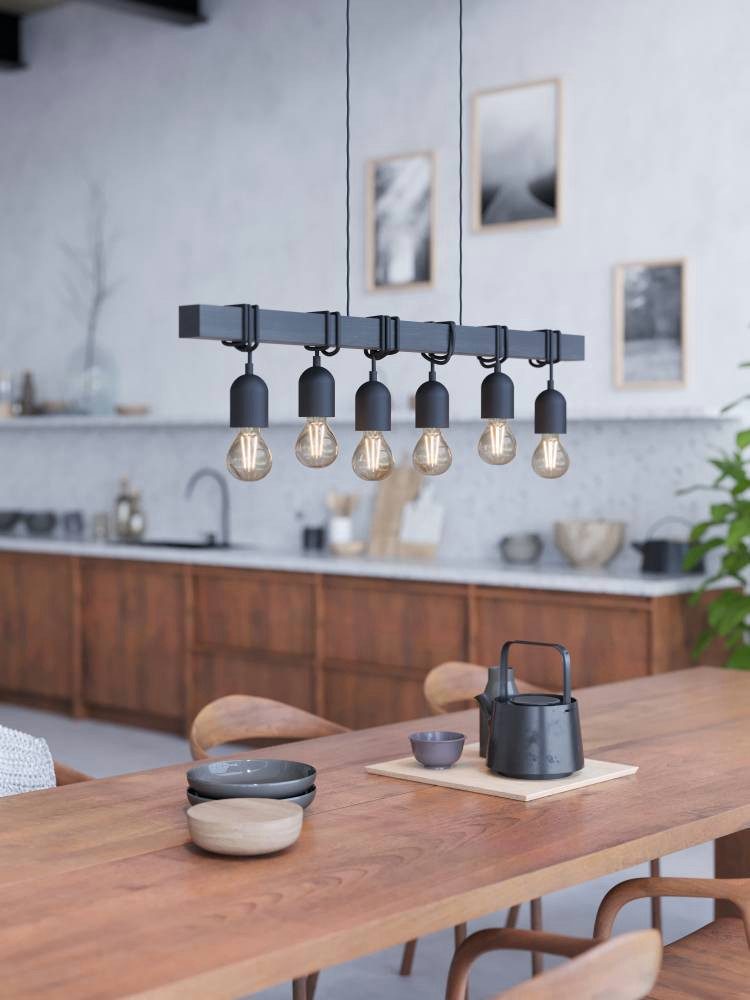 EGLO Hängeleuchte TOWNSHEND Hängelampe Vintage, Holz und Stahl, IP20, E27, Pendellampe, ohne Leuchtmittel, Hängeleuchte, Esszimmer, L100 x B10 x H110 cm, schwarz, 6X40W exkl.