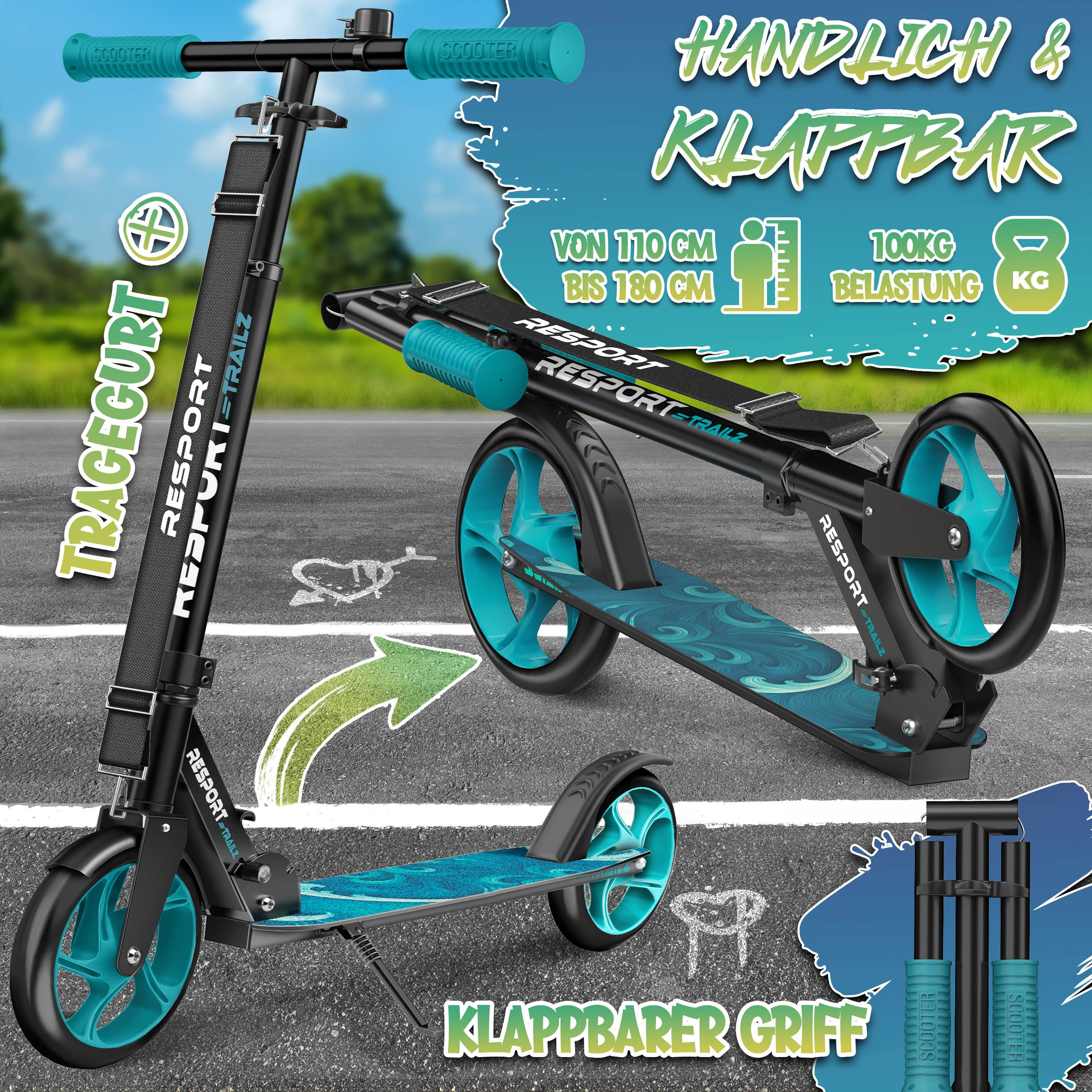 RE:SPORT Cityroller RE:SPORT® Trailz Cityroller Scooter inkl. Tragegurt und Klingel 200mm, (Scooter höhenverstellbar & klappbar, Kinderroller große Räder Kicksc – Bild 2 von 5