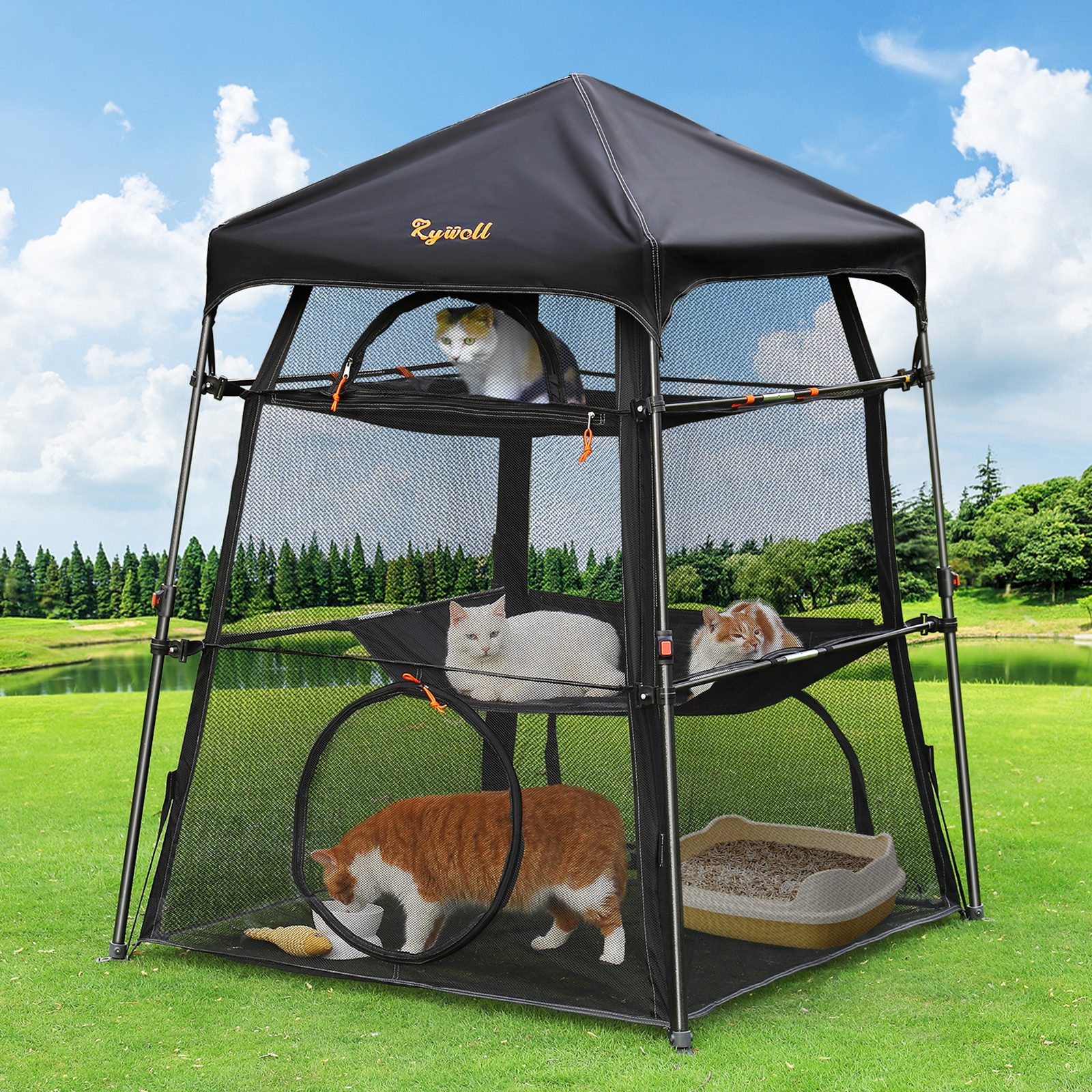 Rywell Katzenzelt Faltbar Extra Großes Katzengehege Outdoor mit 3 Ebenen und 5 Fenstern, Leise im Betrieb, vielseitige Verwendung für Katze