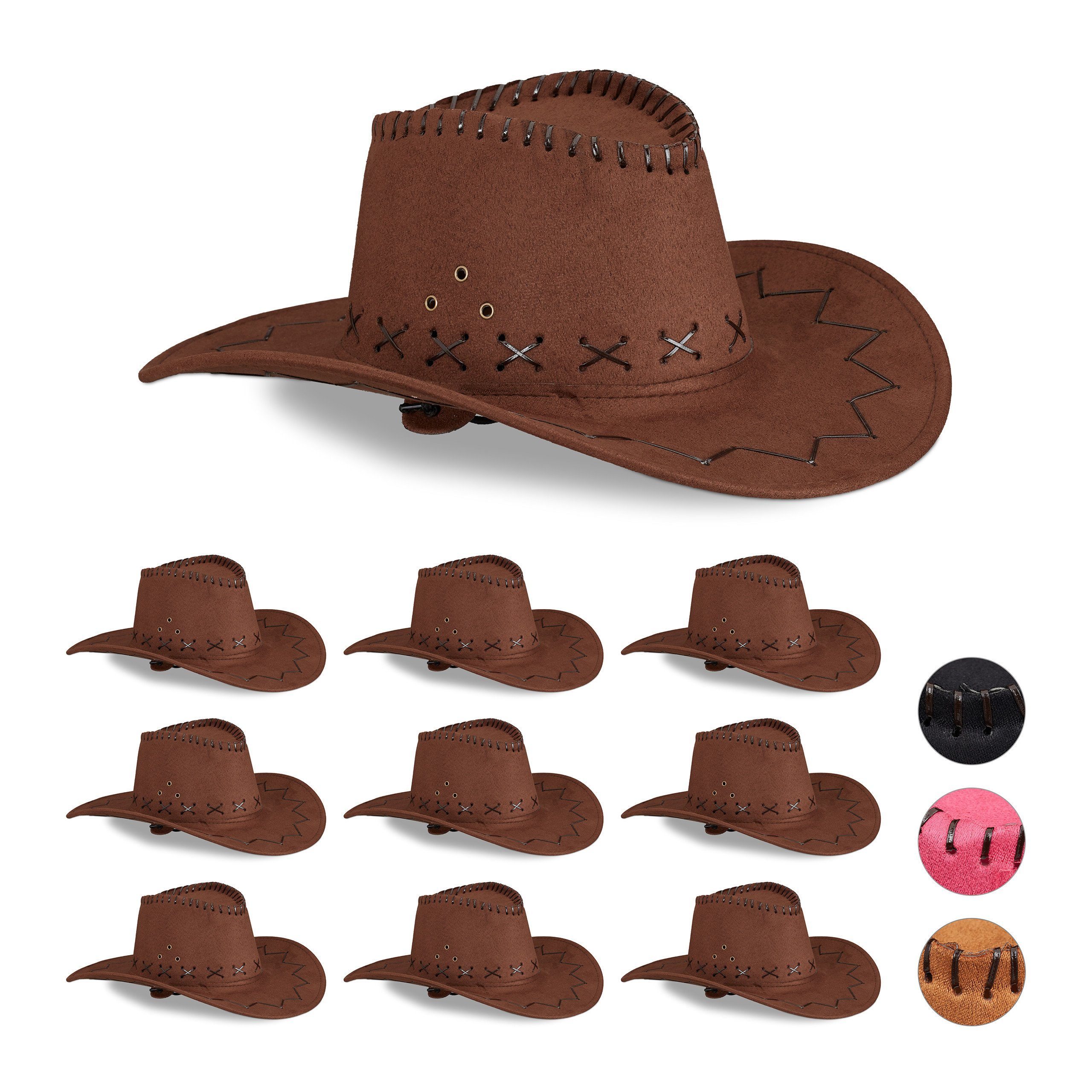 relaxdays Cowboyhut 10 x Cowboyhut Fasching dunkelbraun