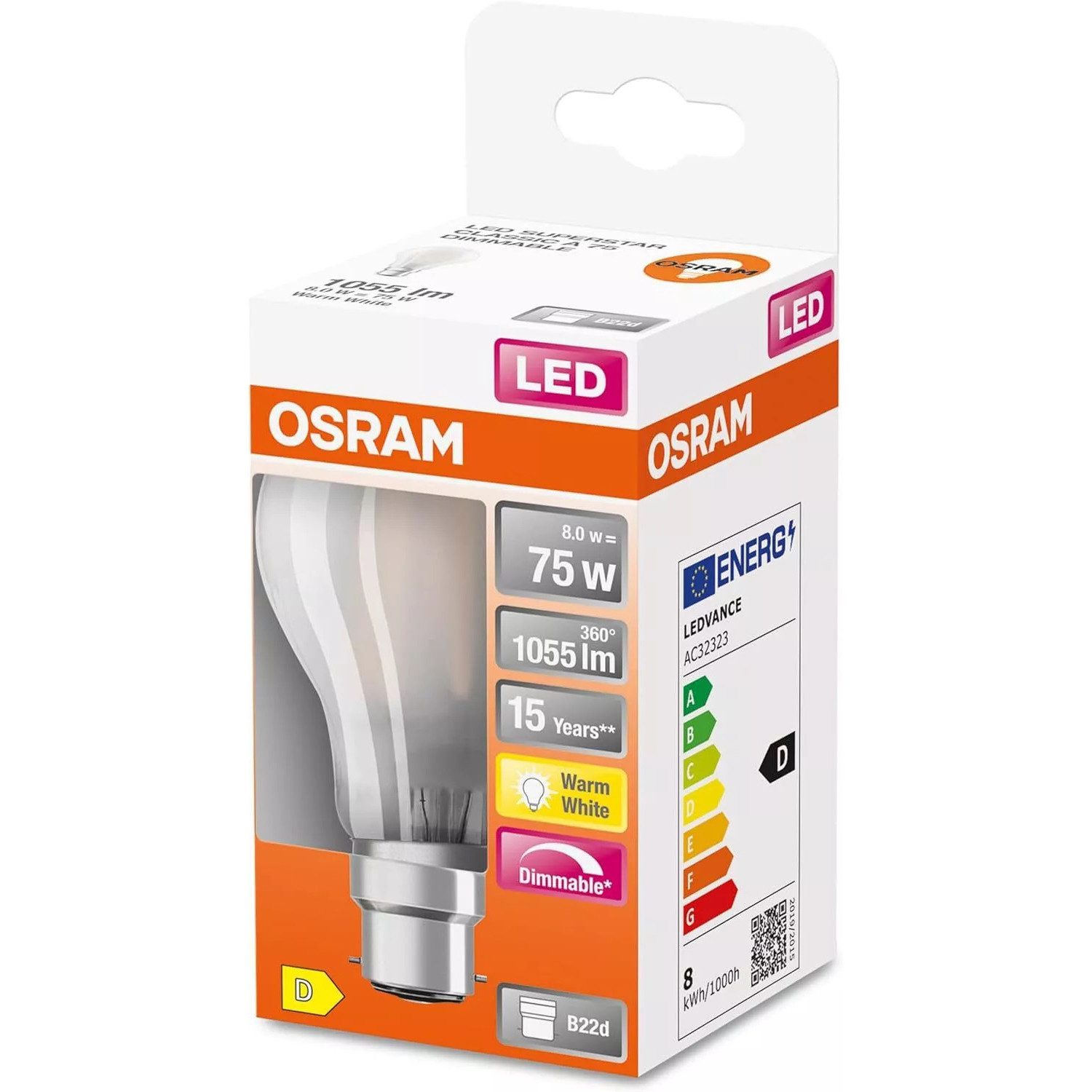 Osram LED-Leuchtmittel LED B22d Filament Lampe Wamweiss Glühbirne, 1 St., Warmweiß, 75W Dimmbar Leuchtmittel