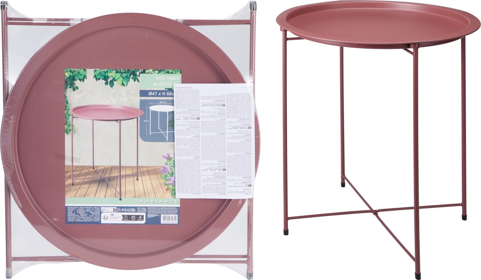 Koopman Beistelltisch Metalltisch Sofatisch Tisch 50x47cm Rosa (Stück, 1-St., Packung), Ø 47cm, runde Tischplatte, Höhe 50cm, hoher Rand
