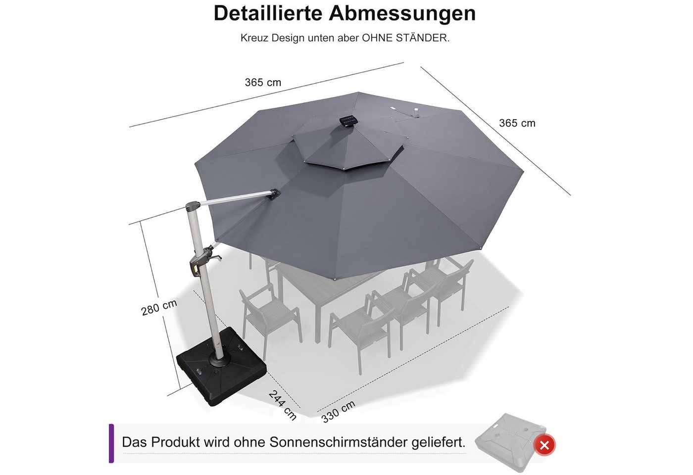 Thumbnail - PURPLE LEAF Ampelschirm Runder Außenbereich Sonnenschirm, Gartenschirm mit Solar LED, LxB: 365,00x365,00 cm, für Garten,...