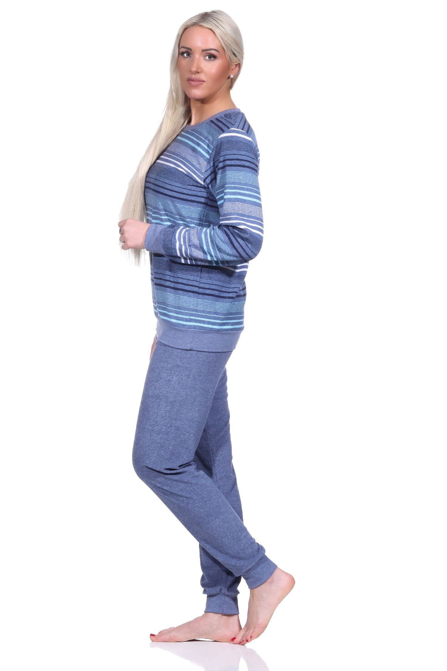 Normann Pyjama Damen Schlafanzug Frottee mit in Bündchen elegantem Streifendesign blau-melange