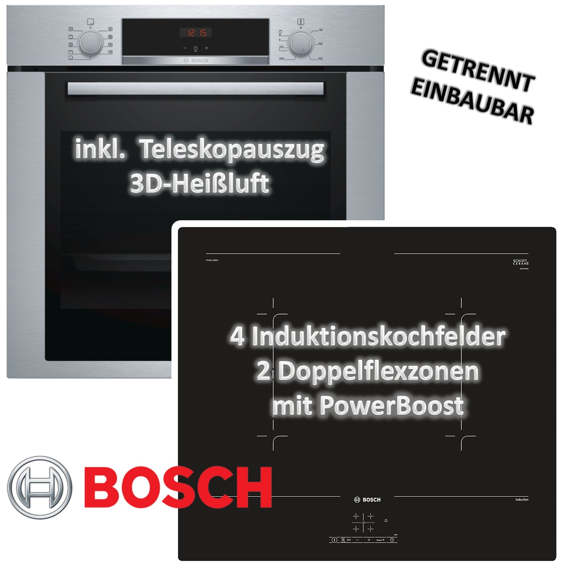 keenberk Backofen-Set HERDSET Bosch Einbaubackofen mit Induktionskochfeld -  autark, 60 cm, Teleskopauszug