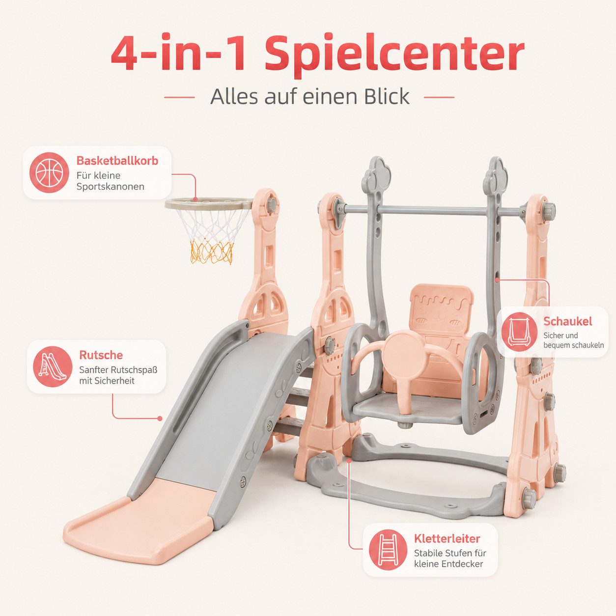 Simurq Rutsche Kinderrutsche 4 in 1 Mit Rutsche,Schaukel,Klettergerüst,Basketballkorb, (kinderrutsche Outdoor, Kinder Rutsche), Kinderrutsche Outdoor Indoor, Fr – Bild 3 von 5