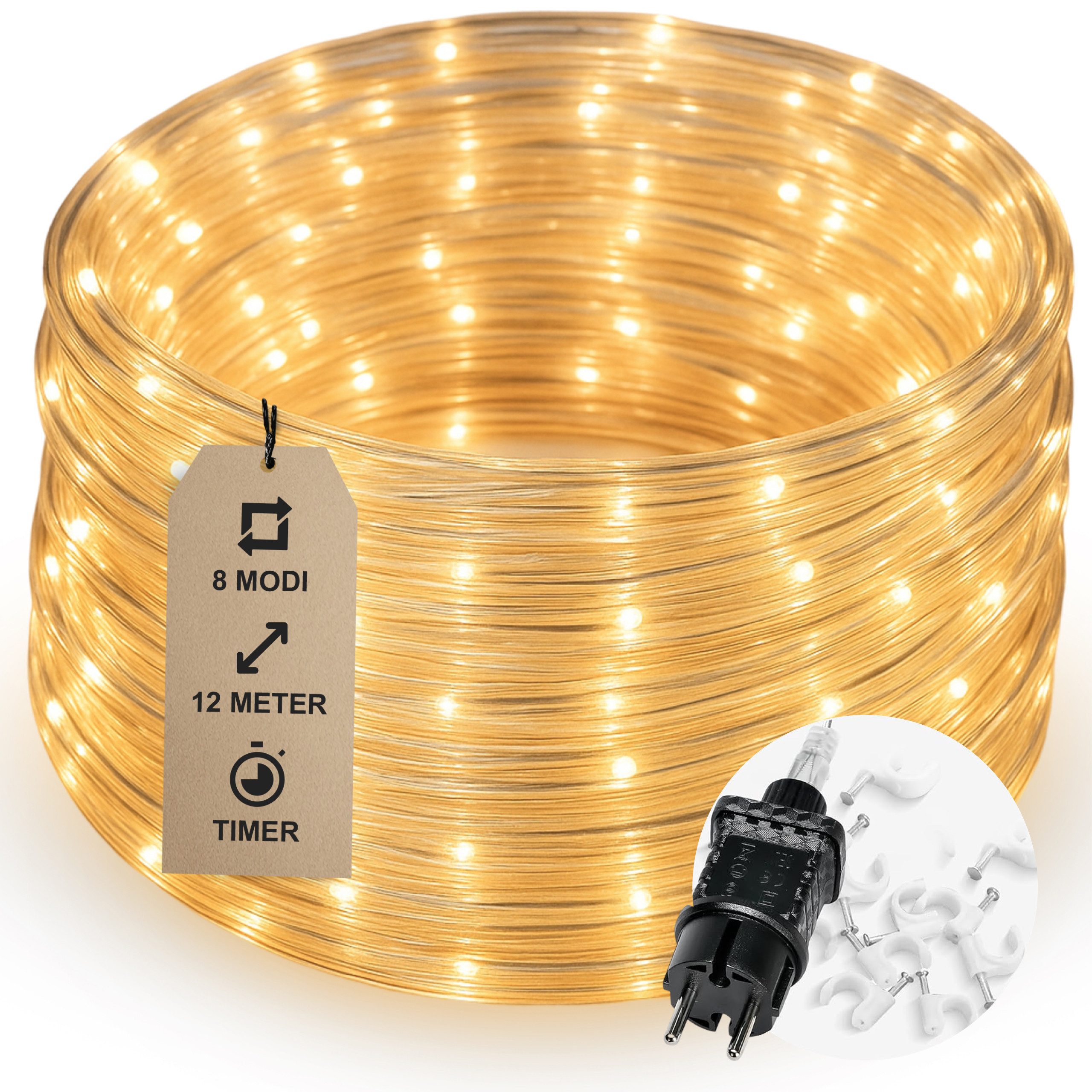 COZY HOME LED-Lichterkette Schlauch LED Stecker & Solar -, 200 LED I 8 Modi & Timer I 12m I Lichtschlauch I Wasserdichtem
