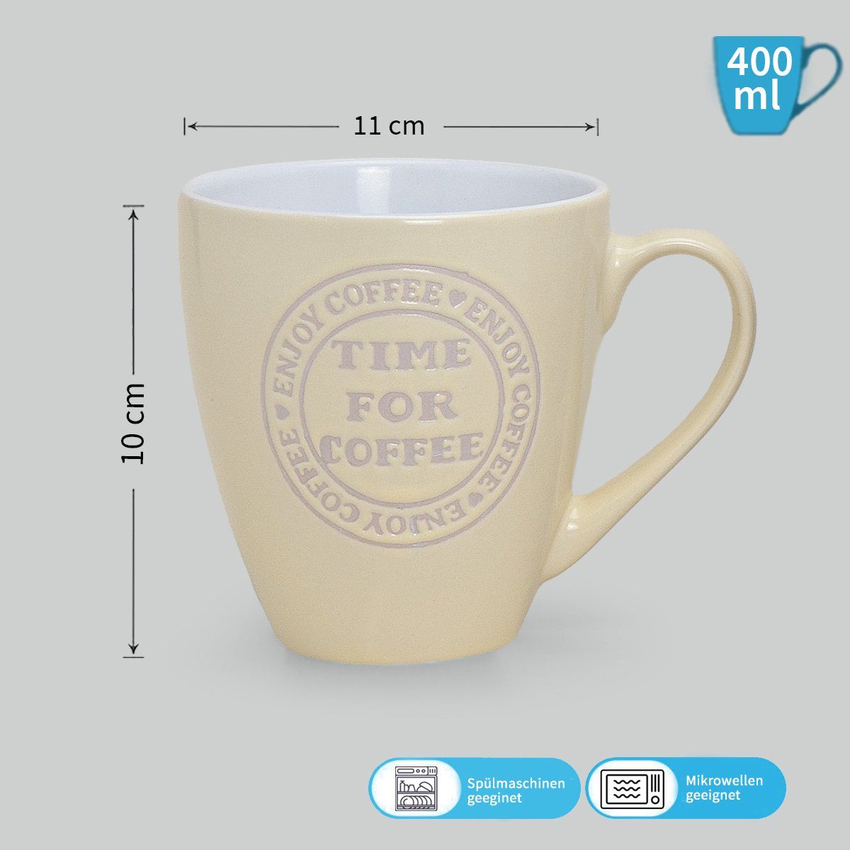matches21 HOME & HOBBY Tasse Grosse Kaffeetassen 6er Set einfarbig mit Spruch Coffee Time, 6-tlg., Keramik, Tee Kaffee-Becher, modern, grau beige cremefarben, 400 ml