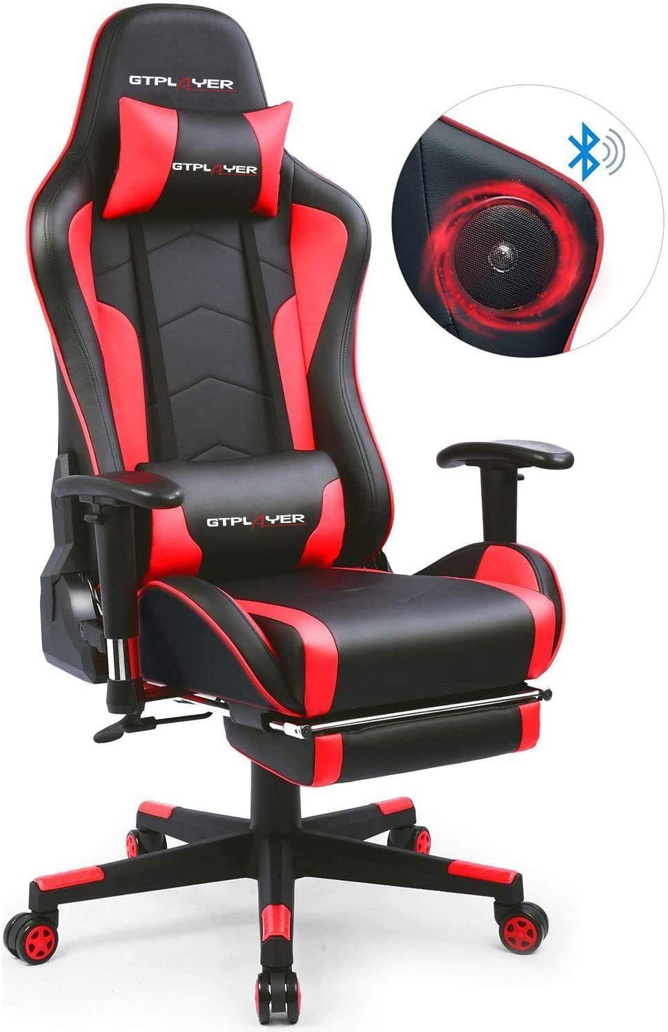 GTPLAYER Gaming-Stuhl Bürostuhl Gamer Stuhl mit Fußstützen Bluetooth Lautsprecher, Ergonomischer Musik Computerstuhl inkl. Lendenwirbel- und Nackenkissen