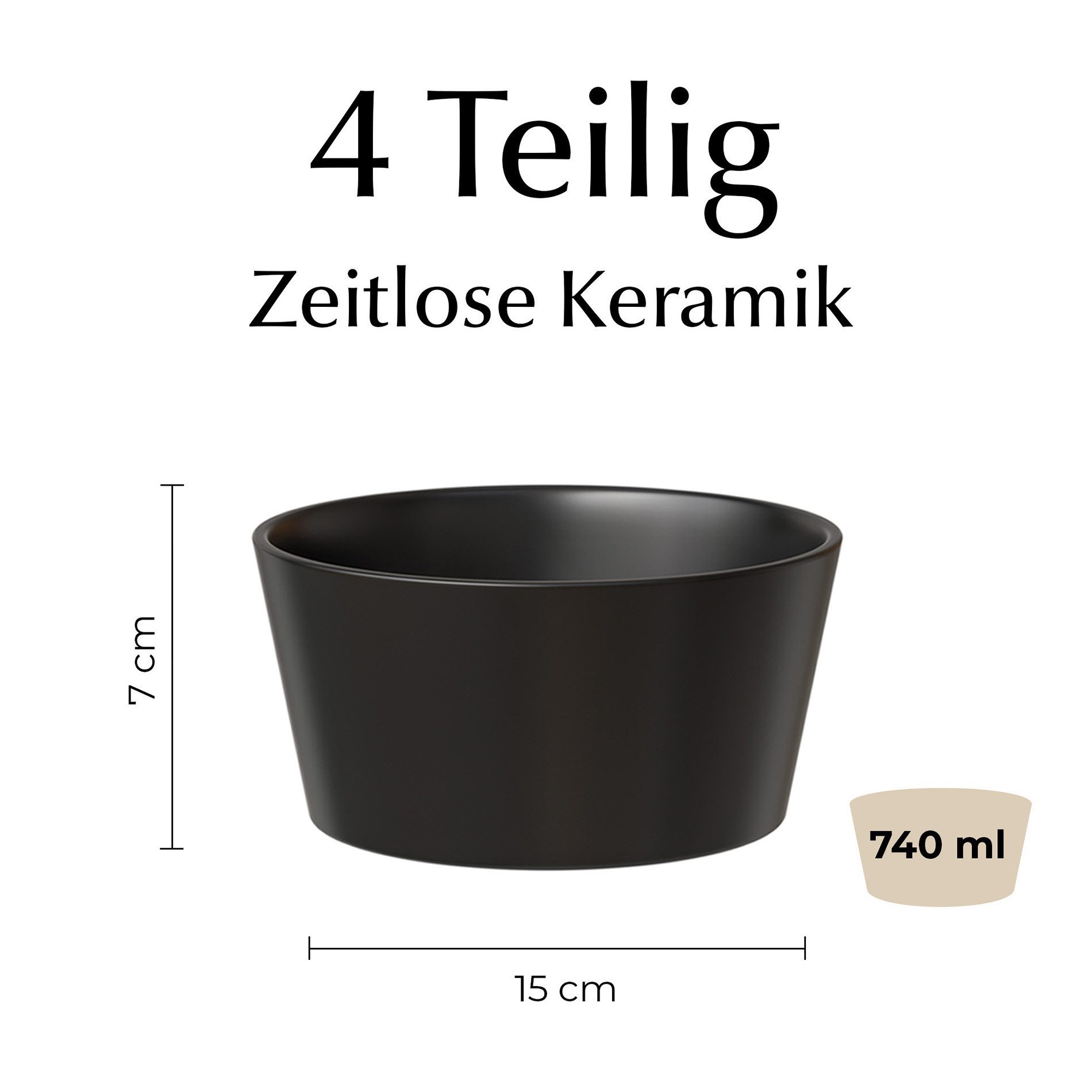 MiaMio Müslischale Luxe 740 ml Schwarz, Keramik, (Set, 4-tlg), 740 ml pro Schale – Bild 3 von 5
