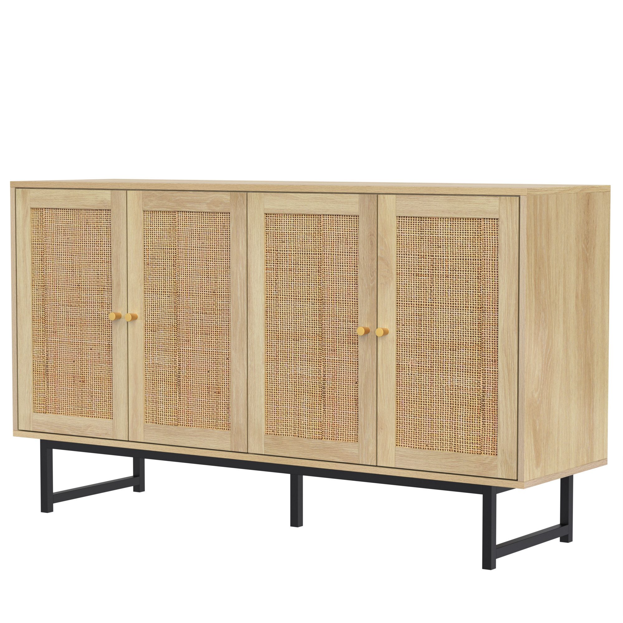 Yorbay Sideboard aus echtem Rattan, Landhaus & Scandi Design, mit 4 Schiebtüren aus echtem Rattangeflecht, 140x39,5x80 cm