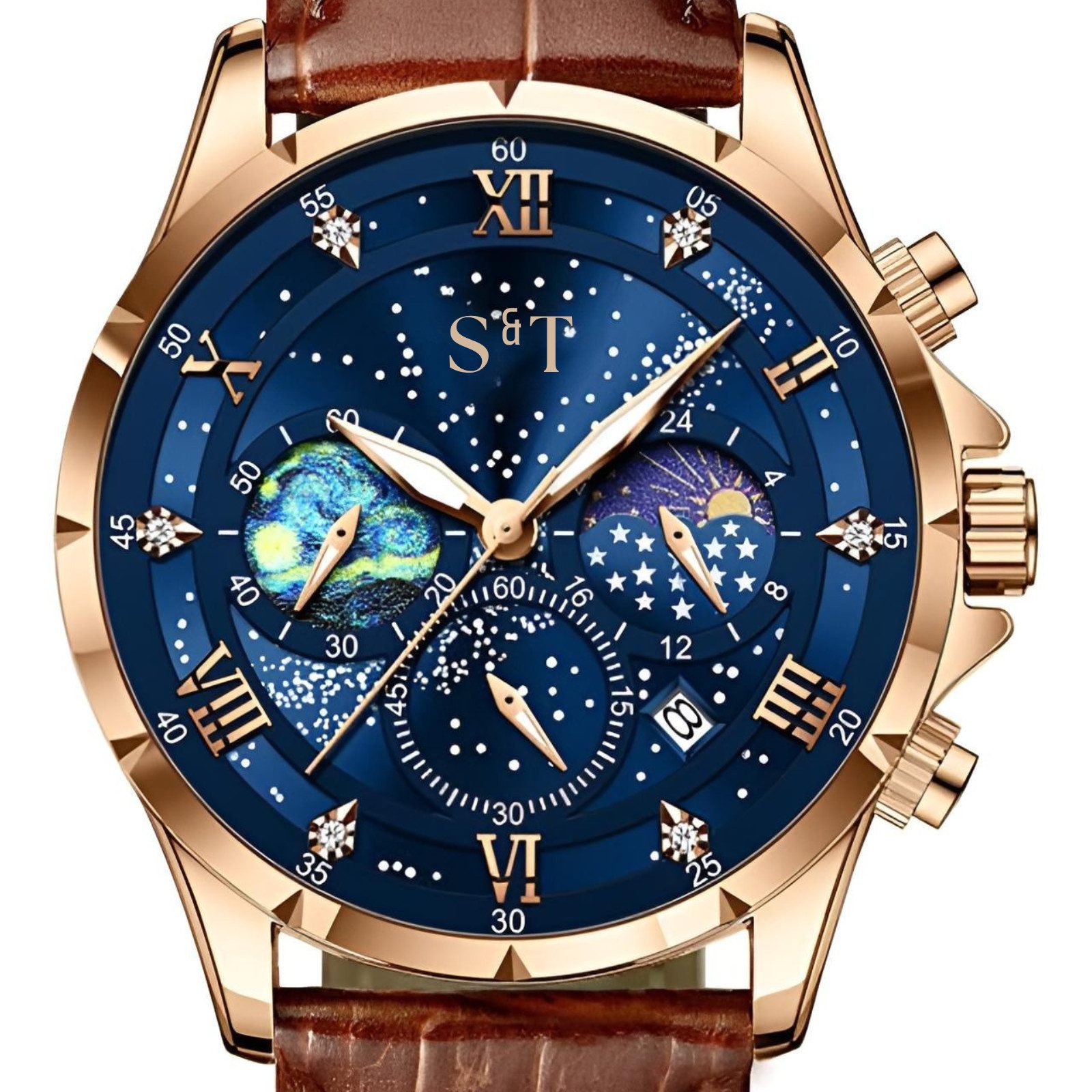 S&T Design Quarzuhr Herrenuhr Leder Braun Chronograph Armbanduhr Lederarmband Mansa Lux, (Anzug Hochzeit Büro, inkl. Uhrenbox & Bedienungsanleitung QR), Herren Uhr Leder Braun Datum Wasserdicht