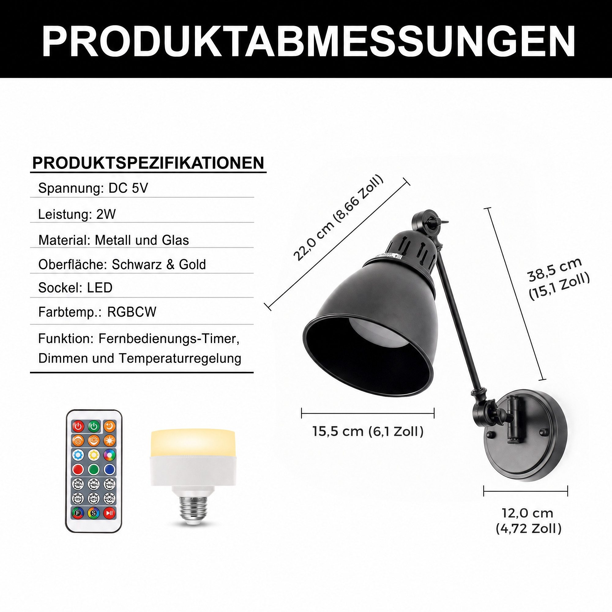 LOHAS-LED Wandleuchte Wandlampe 2er Set mit E26 Akku-Glühbirne, einarmige Metall-Wandleuchte, LED wechselbar, Warmweiß bis Kaltweiß mit RGB-Farbwechsel, RGBCW Farbwechsel, Fernbedienung, kabellos USB-C Aufladung