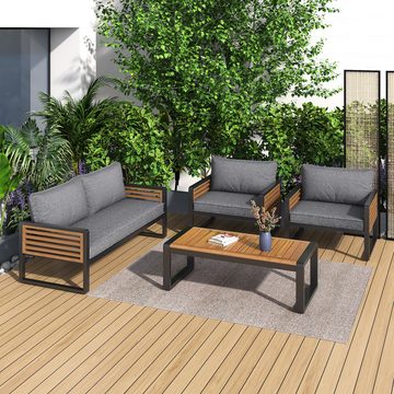 WISHDOR Gartenlounge-Set Gartenmöbel-Set mit Eisenrahmen, (1x2-Sitzer-Sofa, 2x Einzelstühle, 1x Tisch), Graue, dekorative Armlehnen aus Holz