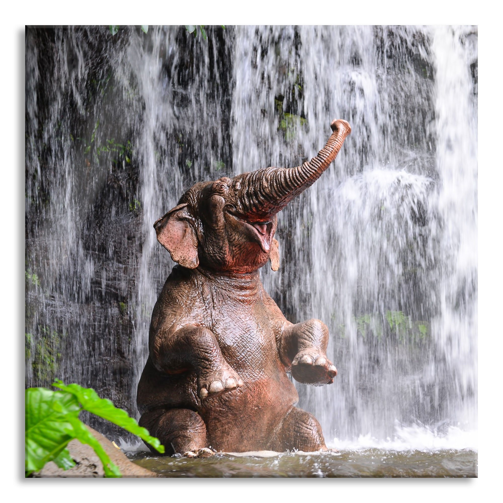 Babyelefant St), und inkl. Babyelefant Abstandshalter Wasserfall Pixxprint am Wasserfall, Echtglas, Aufhängungen (1 Glasbild Glasbild aus am