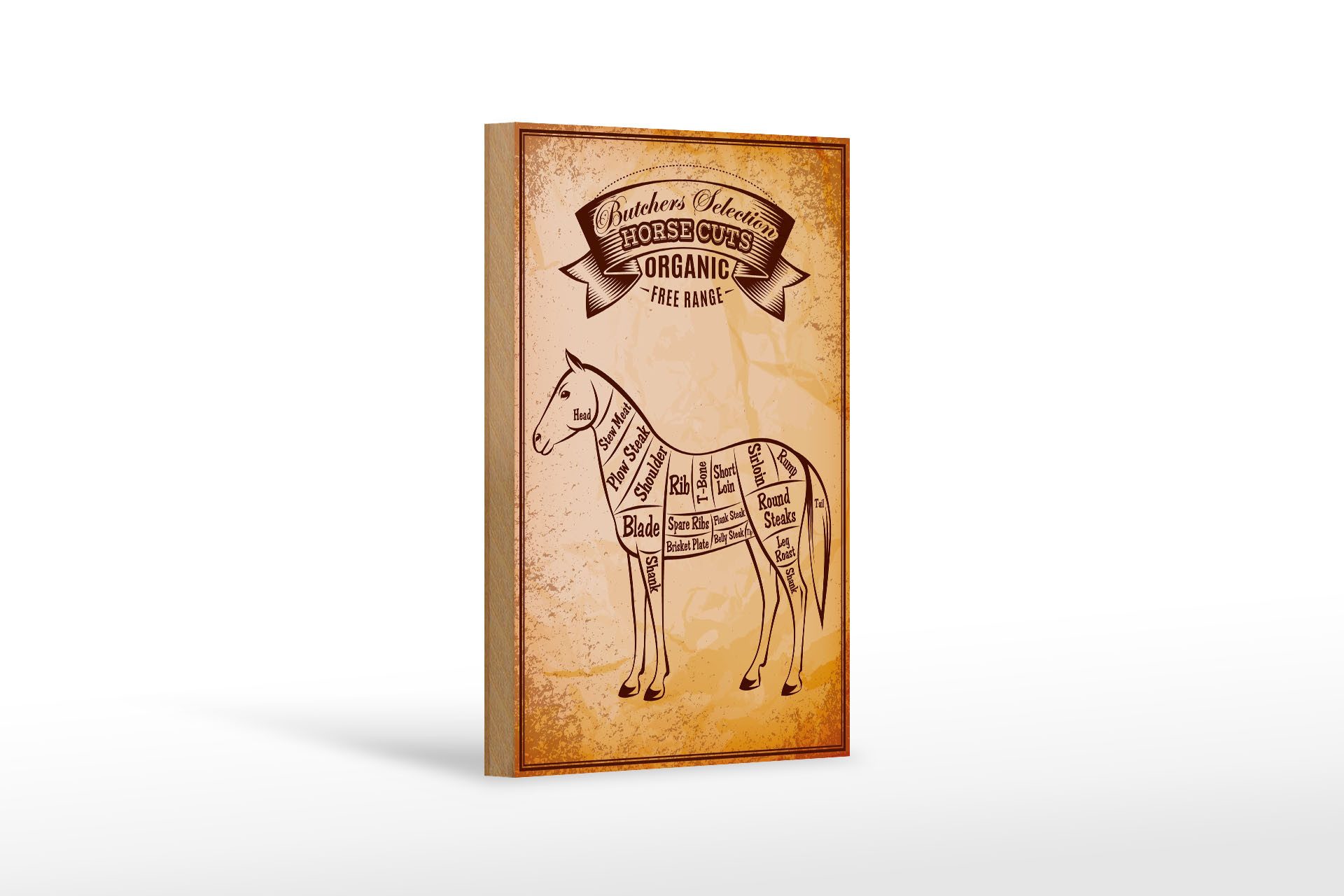 Femer GmbH Holzbild Pferd 12x18cm Horse cuts Organic Metzgerei, Beruf Arbeit, Essen Trinken Genuss (1 St), Glatte Holzfaserplatte (MDF), vorn beschichtet