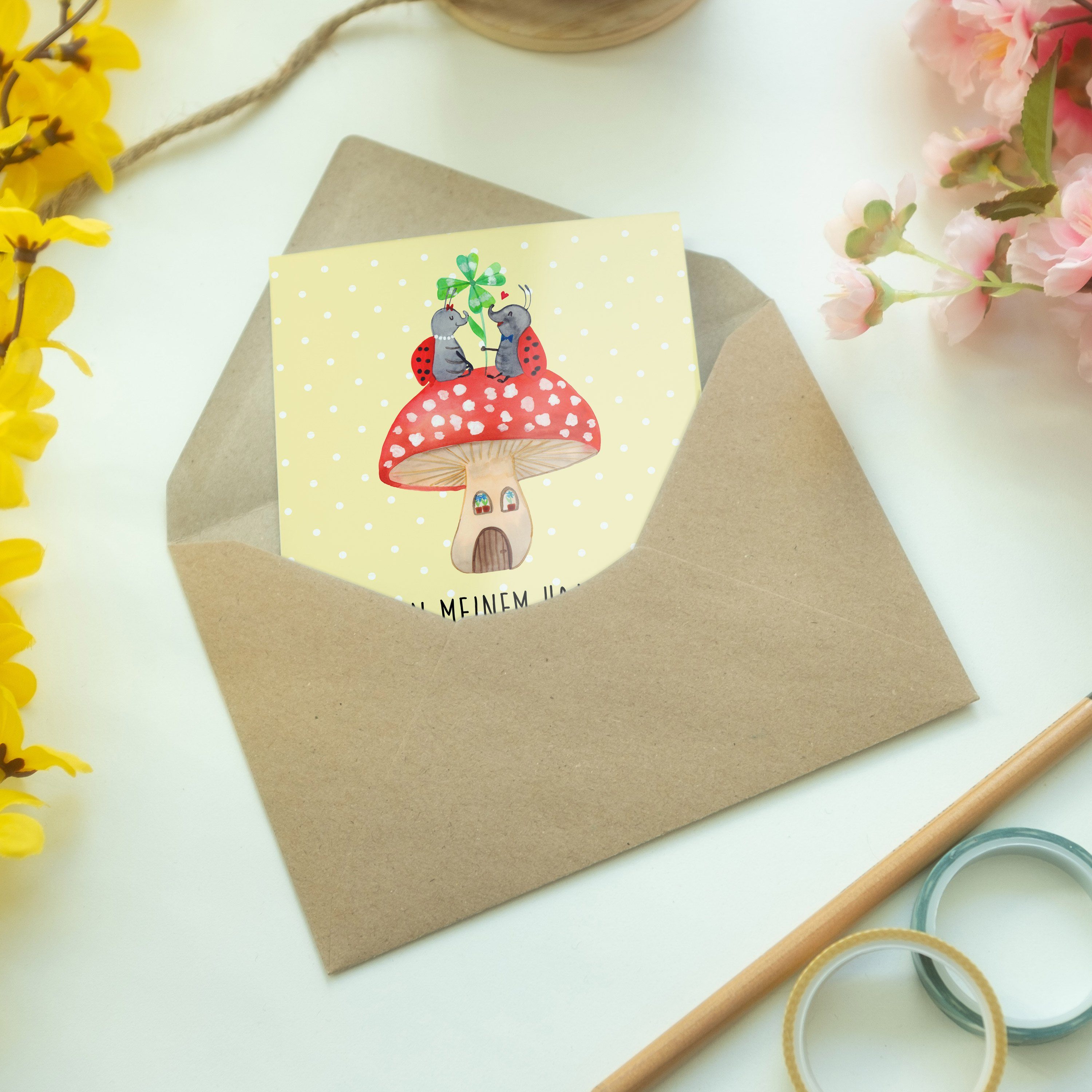 Mr. & Panda - - Marienkäfer Grußkarte Pastell Geschenk, Einladungskar Mrs. Paar Fliegenpilz Gelb