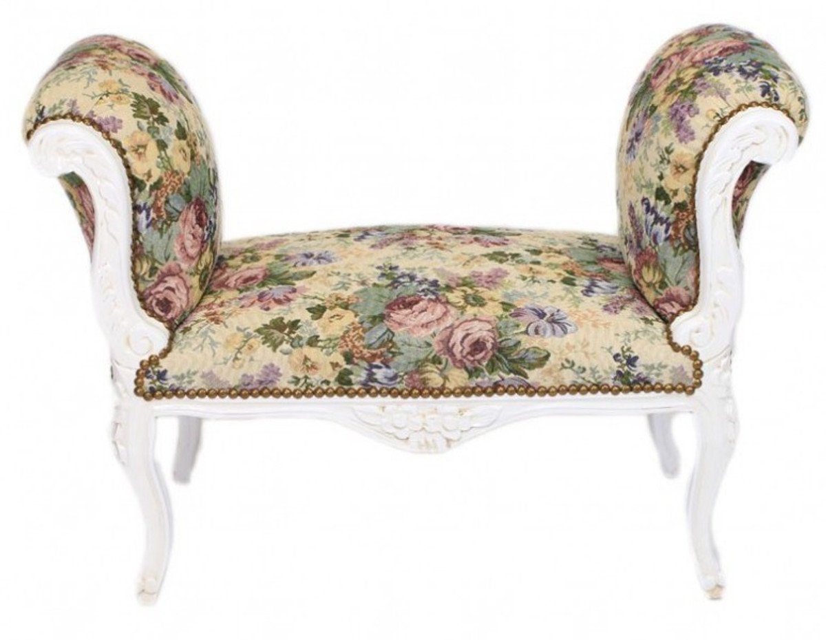 Hocker Barock Schemel Hocker Blumen Muster / Antik Weiß - Sitzbank - Barock Möbel Bank B!