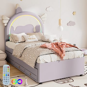 NMonet Polsterbett Kinderbett Stauraumbett( LED-Beleuchtung) (Geeignet für Jungen und Mädchen), Mit ausziehbarem Bett, 3 Schubladen, Einhornform, 90x200cm