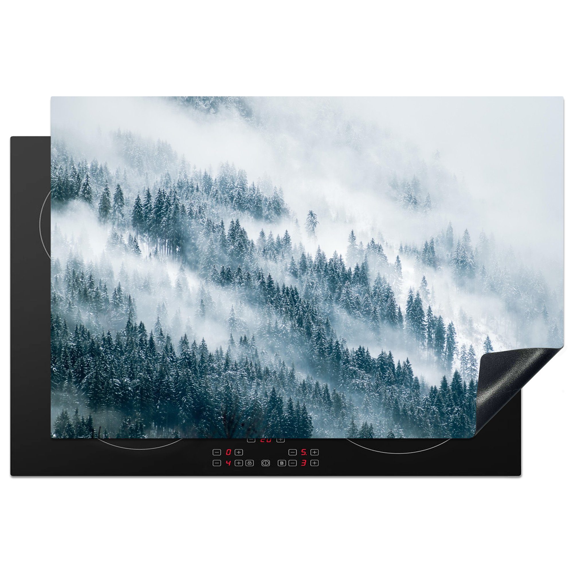 MuchoWow Herdblende-/Abdeckplatte Winter - Nebel cm, Wald Ceranfeldabdeckung, - küche - (1 Schnee Arbeitsplatte Vinyl, tlg), - Kiefer, 77x51 für